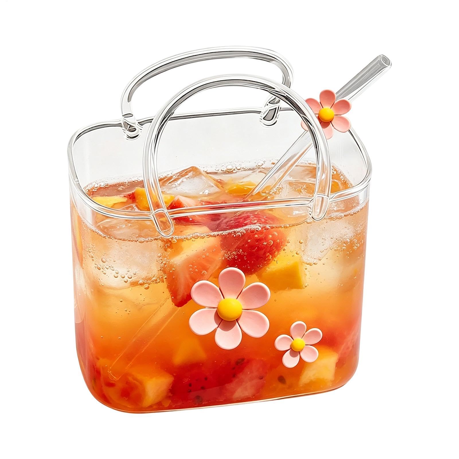 Vaso transparente en forma de bolso de mano de 770 ml con pajita para zumo de frutas