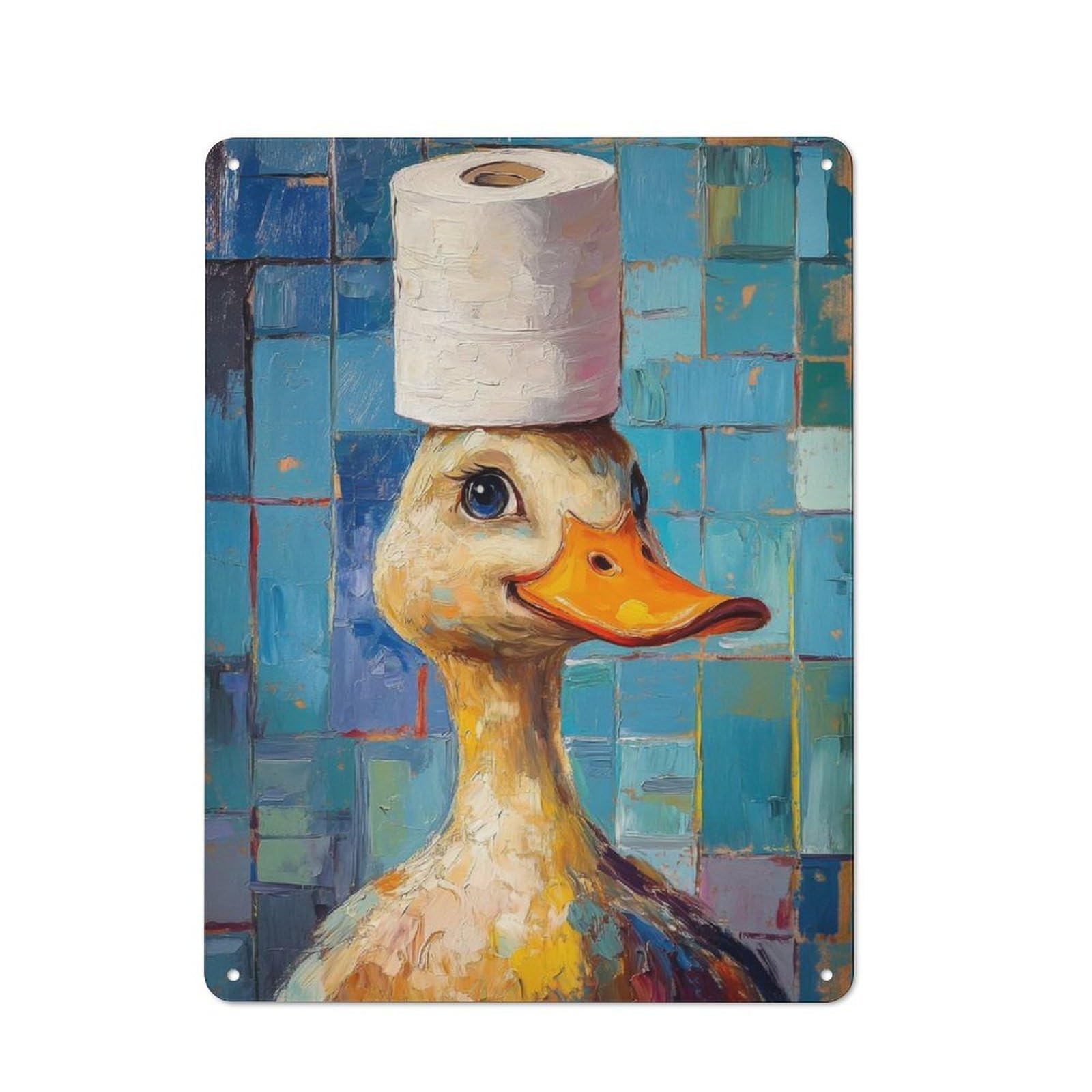 Classic Decorative Tin Plaque 40x30cm Featuring Duck with Toilet Paper Hat, Novelty Wall Art for Home, Shop, Pub Or Studio Wall