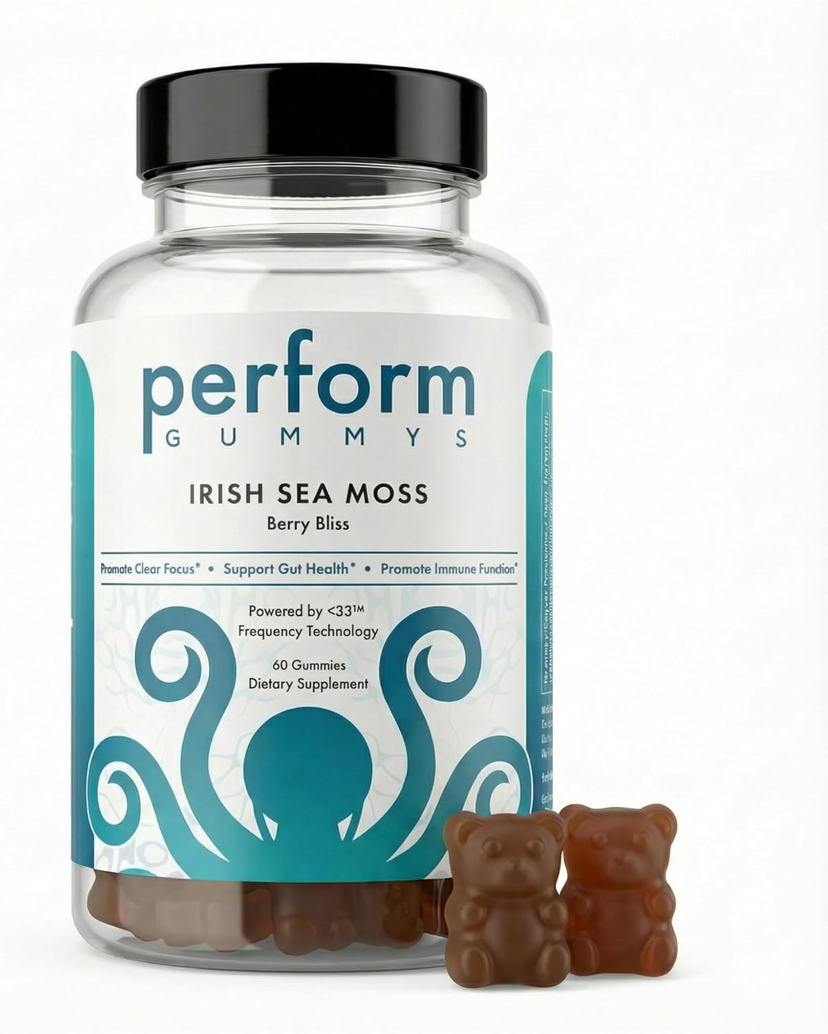 Perform Gummys - Irish Sea Moss - with Burdock Root & Bladderwrack for Natural Energy, Digestive & Immune Support - Delicious Berry Bliss, Vegan, 60 Count