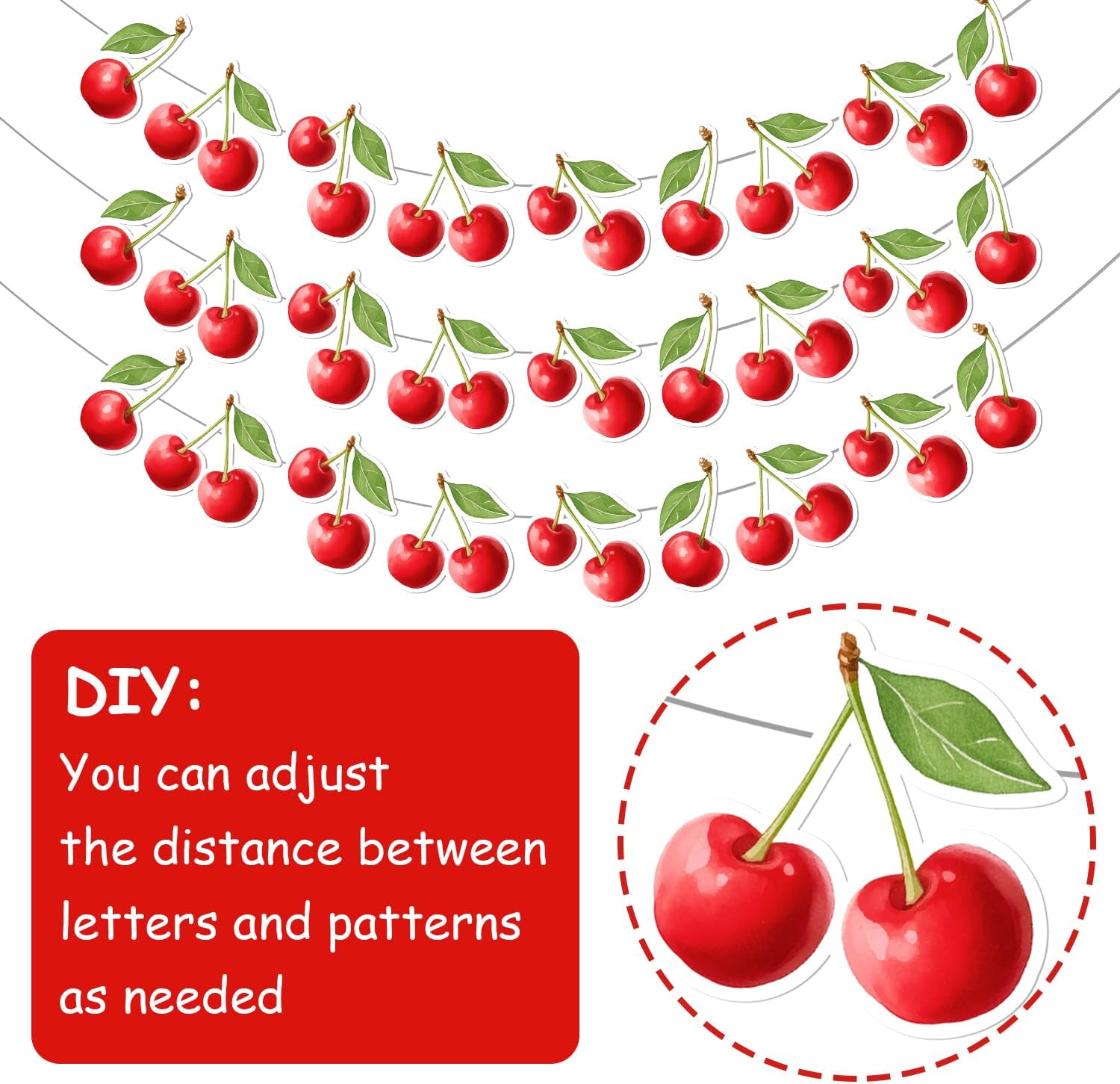 3Pcs Cherry Banner Garland, Cherry Birthday Party Decorations Fruit Hanging Decor Home Decor for Girls Fruit Themed Baby Shower Birthday Wedding Bridal Shower Bachelorette Party Supplies