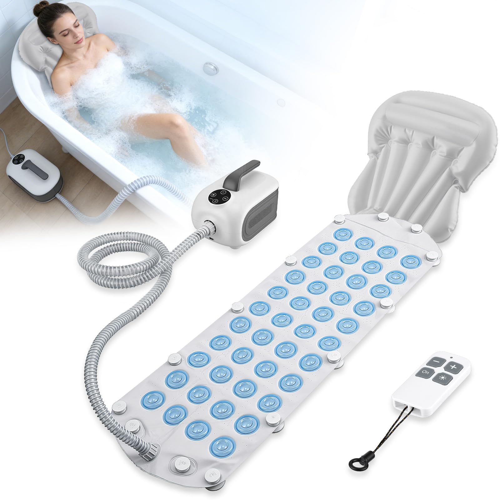 Home Surfing Massage Bath Mat,6 Gear Adjustment,Non-Slip Full-Body Waterproof Hot Tub Spa Mat for Bath with Heater, Motorized Air Pump, and Remote Control
