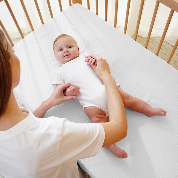 Fitted Sheet for Baby Cot 60 x 120 cm - 100% Cotton Muslin Baby Fitted Sheet with Elasticated Edge, Soft and Breathable Baby Bed Sheet for Cot Cot Bed Side Cot (White, 60 x 120 cm) - 2