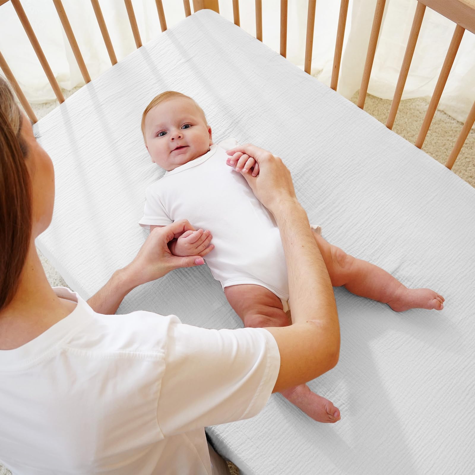 Fitted Sheet for Baby Cot 60 x 120 cm - 100% Cotton Muslin Baby Fitted Sheet with Elasticated Edge, Soft and Breathable Baby Bed Sheet for Cot Cot Bed Side Cot (White, 60 x 120 cm) — view 2