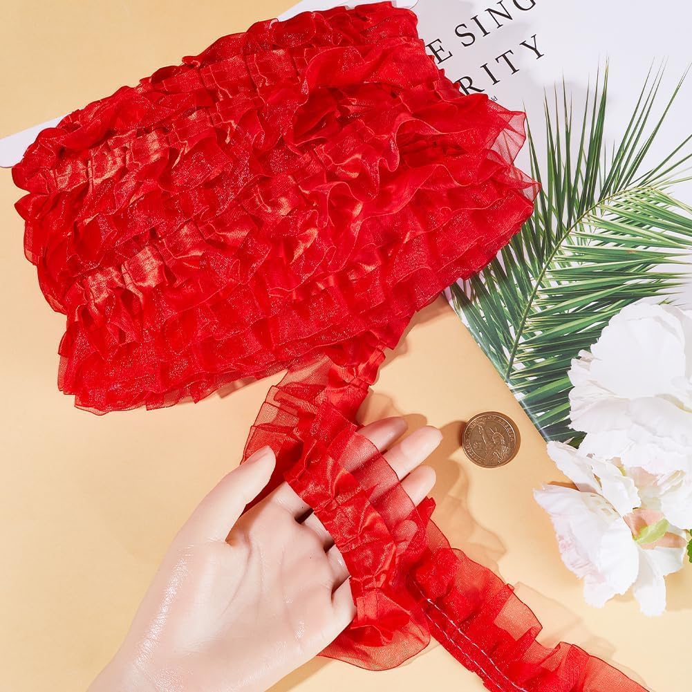 GORGECRAFT 22 Yards 2 Layer Organza Lace Ribbon Pleated Satin Lace Edge Trim 1.6 Inch Wide Red Ruffle Chiffon Edging Trimmings Tulle Fabric for Cloth Applique Embellishment DIY Sewing Crafts