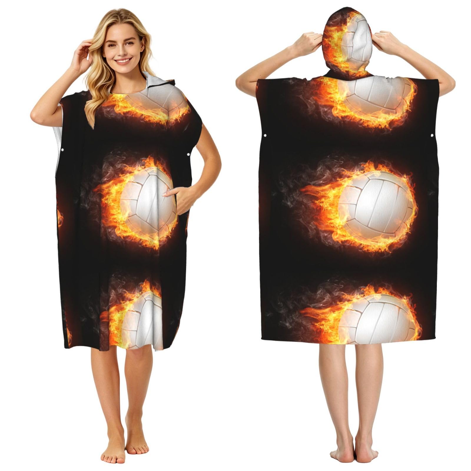 Poadnly Cool Fire Flame Volleyball Ball, Adult Hooded Beach Towel 90 x 110 cm,Changing Bath Robe, Surf Poncho Towel For Women Men