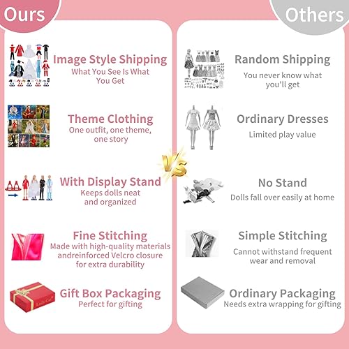 Miniatura 8 de Ropa y accesorios para muñecas conjunto de traje de muñeca temático. 10 trajes + 10 pares de zapatos + 10 exhibiciones de muñecas. Para muñecas de