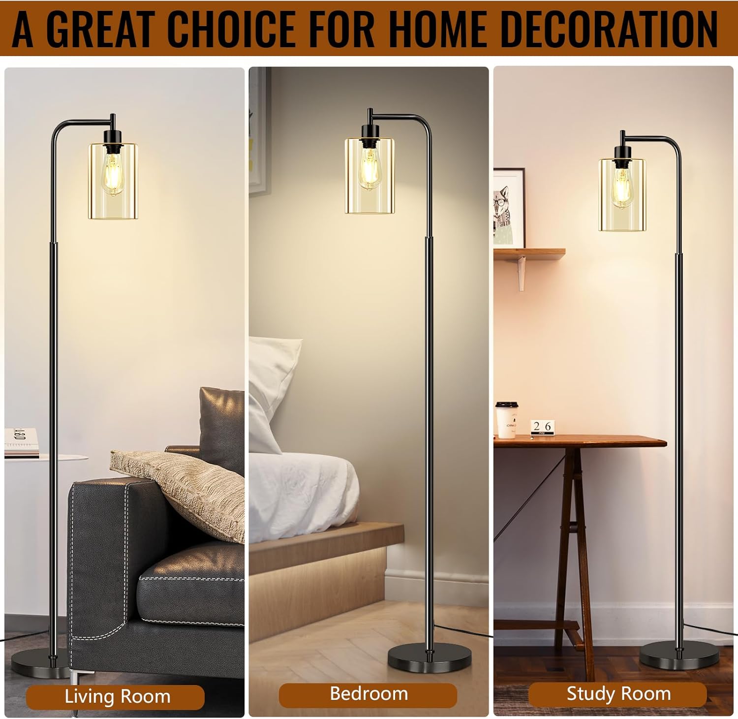 Floor Lamp,Floor Lamps for Living Room with Glass Lampshade,Modern Design Lamps Living Room,Standing Lamp with Premium Metal Material,Dimmable Living Room Lamps,Arced Floor Lamps,Tall Lamp(One Bulb)