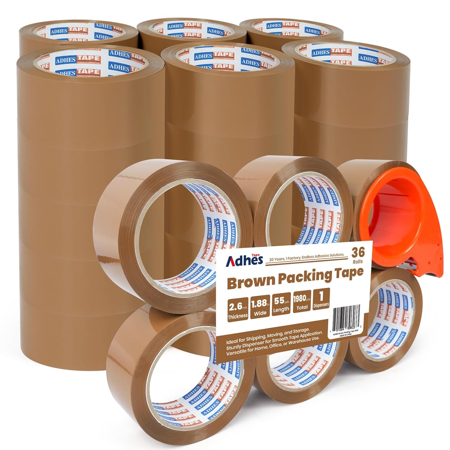 ADHES Brown Packing Tape with Dispenser, 1.88 Inch x 55 Yards, 36 Rolls Heavy Duty Shipping Tape for Moving Boxes, Packaging and Storage, Strong Adhesive