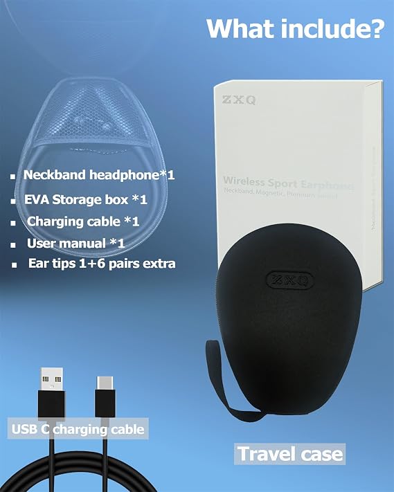 ZXQ Neckband Bluetooth Wireless Headphones,Around the Neck Bluetooth Wireless Earbuds Headset,100 Hours Long Playtime,Waterproof Over Neck Sport Work Exercise Earphone with Carrying Case (Black)