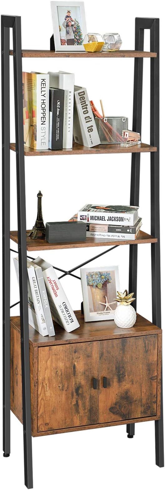 Shelf Ladder, Bookcase, Storage Shelf with Cupboard, 4 Tiers, Stable Steel Frame, Living Room, Bedroom, Office, 56 x 34 x 173 cm, Industrial Style, Rustic Brown LLS47BX