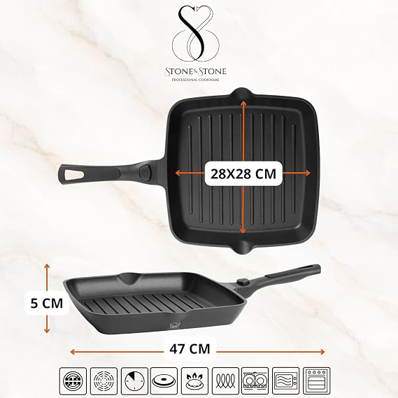 Stone&Stone Induction Grill Pan 28 cm Square Non-Stick with Removable Handle German Ceramic Coating Full Steel Base for Gas and Oven PFAS PFOA and PTFE Free