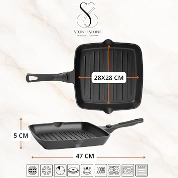 Stone&Stone Induction Grill Pan 28 cm Square Non-Stick with Removable Handle German Ceramic Coating Full Steel Base for Gas and Oven PFAS PFOA and PTFE Free