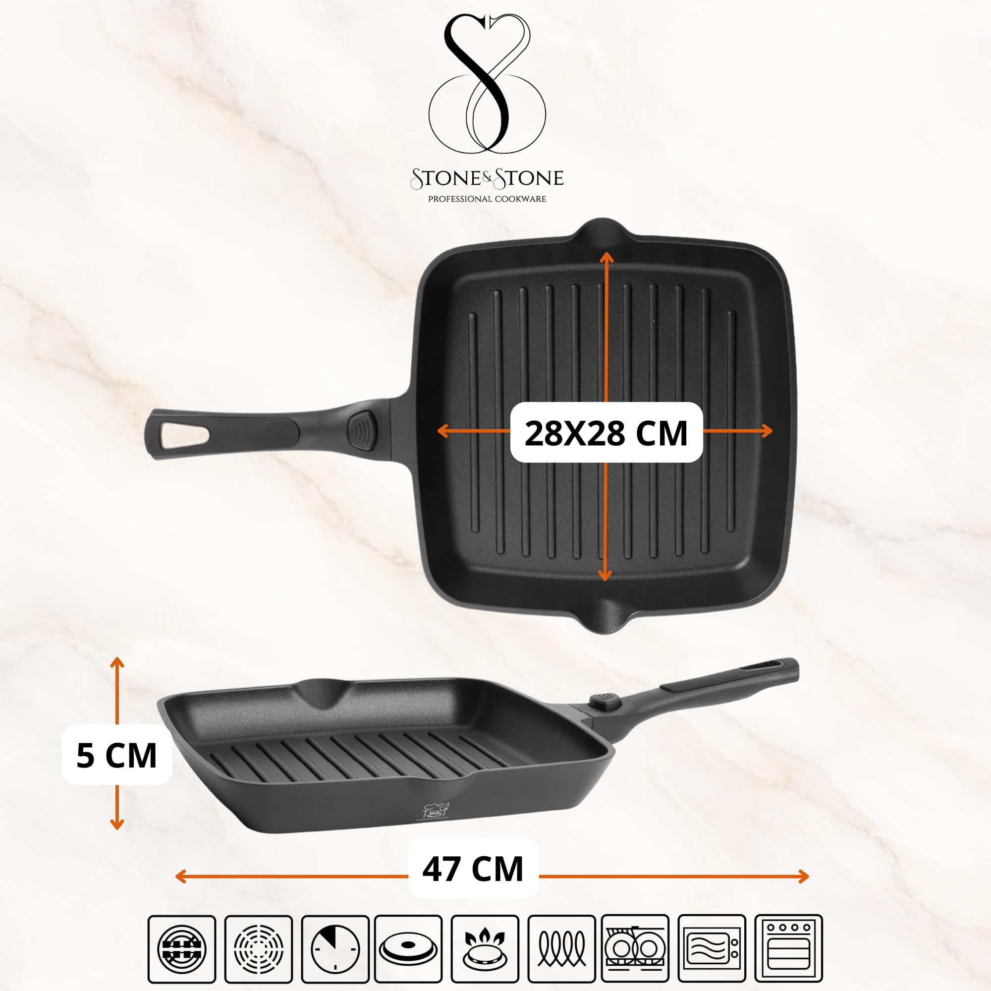 Stone&Stone Poêle Grill Induction 28 cm Carrée Antiadhésive avec Manche Amovible, Revêtement Céramique Allemand, Fond Acier Plein, Compatible Gaz et Four, Sans PFAS, PFOA et PTFE
