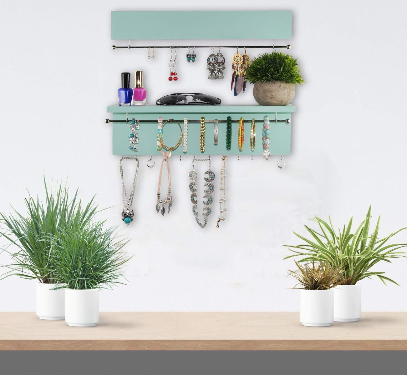 Spiretro Wall-Mounted Jewelry Organizer - Wood Turquoise - Necklace Holder with Removable Metal Bar - Earrings Bracelets Hooks - Shelf Storage