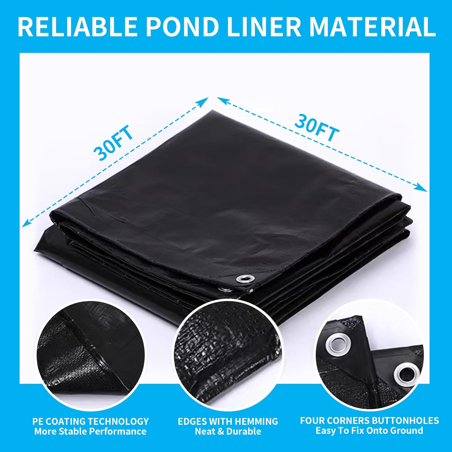 30x30ft reinforced pe pond liner, 28mil thickness pond liners for outdoor ponds, hemmed edge with buttonholes liners for koi/fish, duck pond and waterscape.