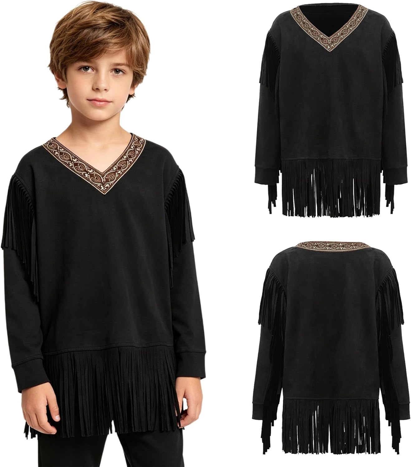 Indigenous Kids Clothes Long Sleeve V Neck Stage Performance Faux Suede Fringe Top Tassel Shirt