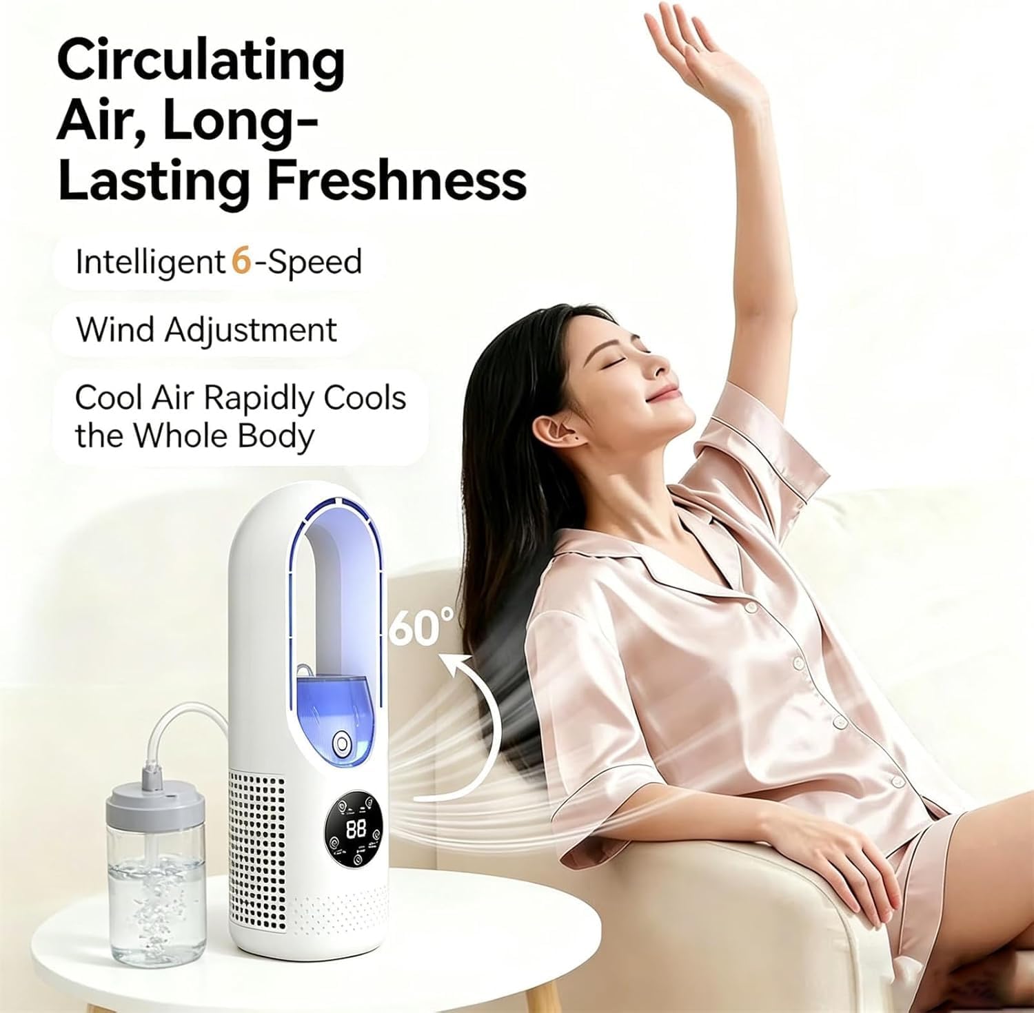 6-Speed Bladeless Desk Fan with Light and 7-Color Light, Portable Desktop Misting Tower Cooler with 100ml Water Tank & Timer, USB Rechargeable, Small Quiet Desk Fan for Bedroom, Office, Home (2PCS-B)