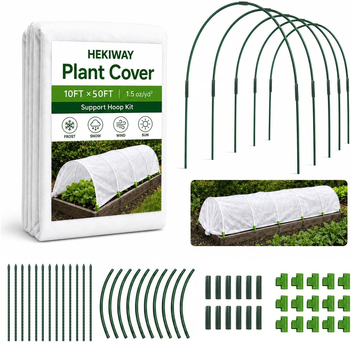 10 FT x 50 FT Frost Cloth Kit with 7 Garden Hoops