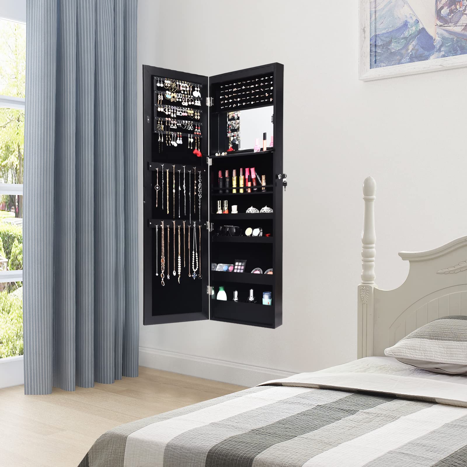 COSTWAY Armoire à Bijoux Murale avec Miroir 12 LED, Meuble de Rangement Verrouillable Pleine Longueur, Organisateur de Bijoux avec Étagères de Rangement, Style Scandinave, Noir