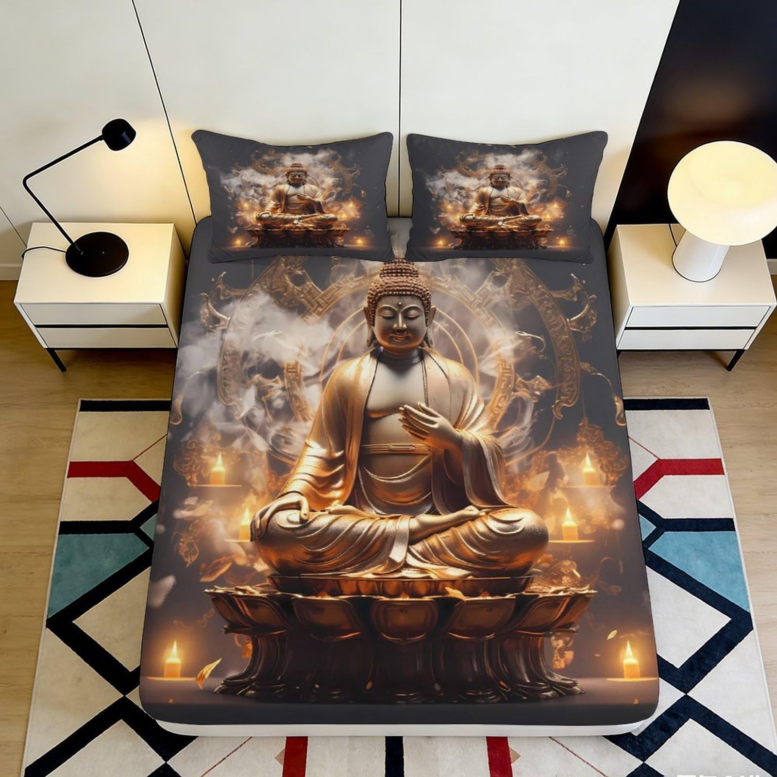 3D Printed Buddha Statue Fitted Sheet Microfiber Soft Durable 3D Printed Meditation Mattress Cover for Bedroom Dormitory Guest Room Decor 160x200x25cm