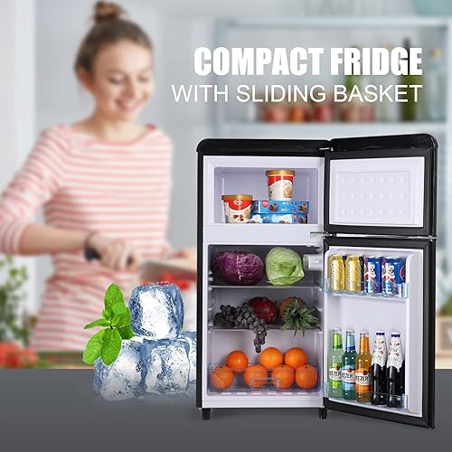 Miniatura 10 de WANAI Refrigerador compacto de 3.5 pies cúbicos, refrigerador clásico retro de 2 puertas, mini refrigerador ajustable con estantes de vidrio