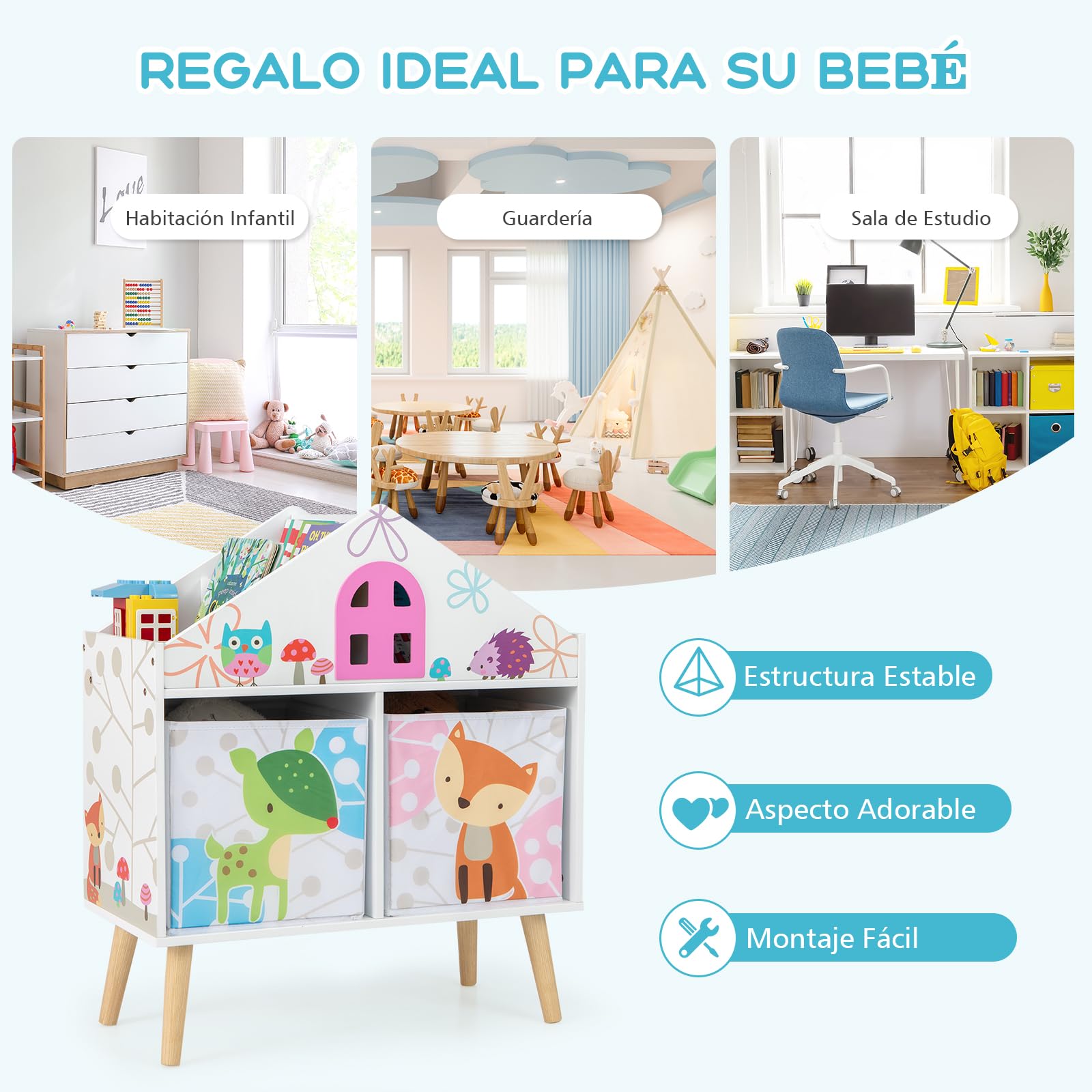 GOPLUS Estanteria Infantil de Juguetes y Libros para Niños, Organizador de Almacenamiento con 2 Cajones y 4 Compartimentos Abiertos de Gran Capacidad, Mueble Infantil con Patas Elevadas, 62×30×72 cm