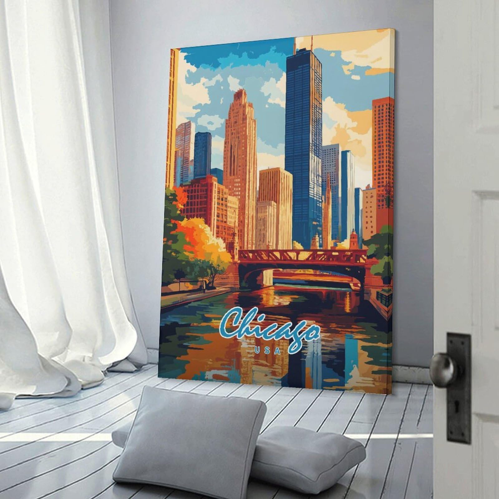 Junmoney Chicago Skyline Canvas Art Print 24x36inch(60x90cm), for Entrance Spaces, Stair Walls Or Halls, Wall Decor to Refresh Empty Corners