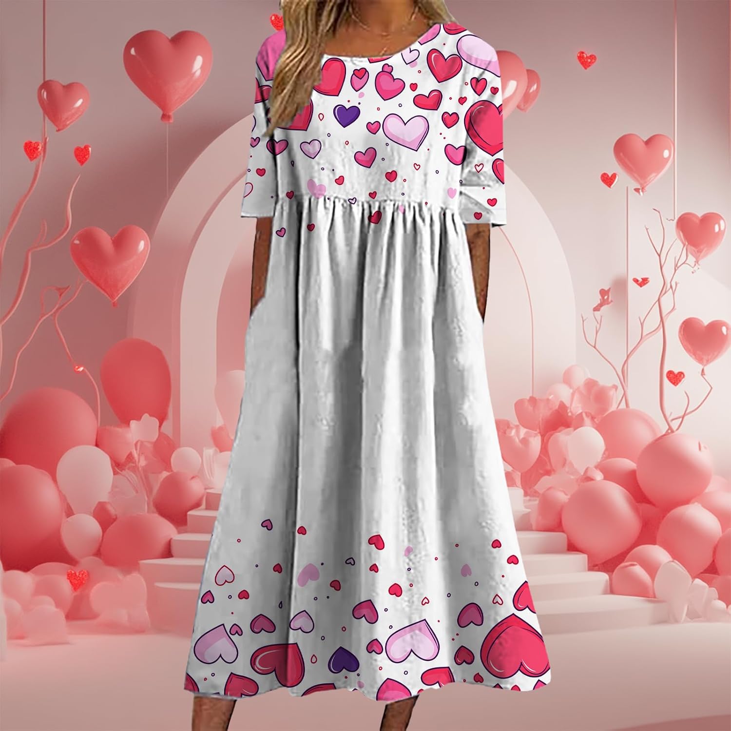 Valentine Dress for Women Heart Print Short Sleeve Crewneck Empire Waist Casual 2025 Spring Maxi Tunic Dresses - Image 2