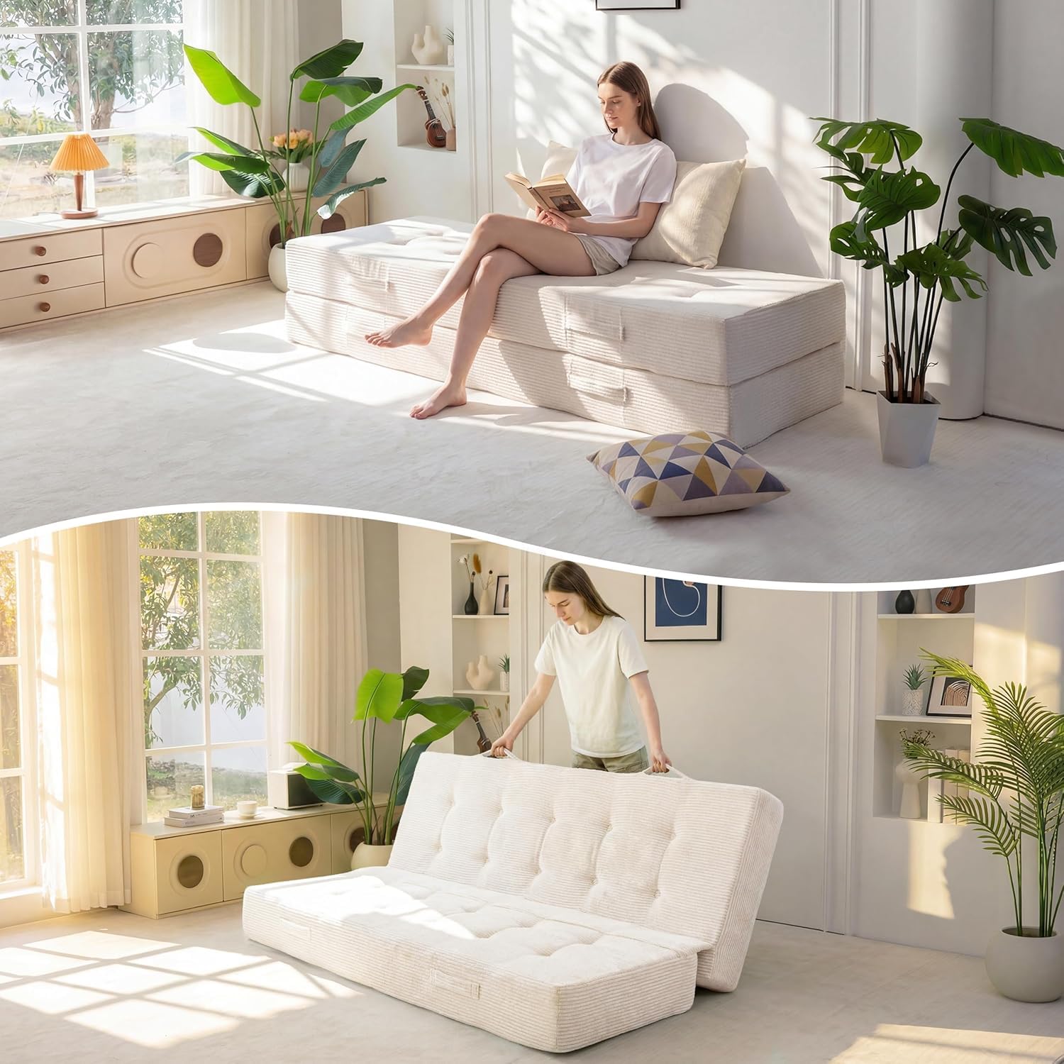 MAXYOYO Matelas Pliable 20 cm, Confortable avec Poignées, Canapé à Mousse Mémoire de Forme Extra Épais, Polyvalent pour Dormir par Terre, pour Salon et Chambre d’Ami