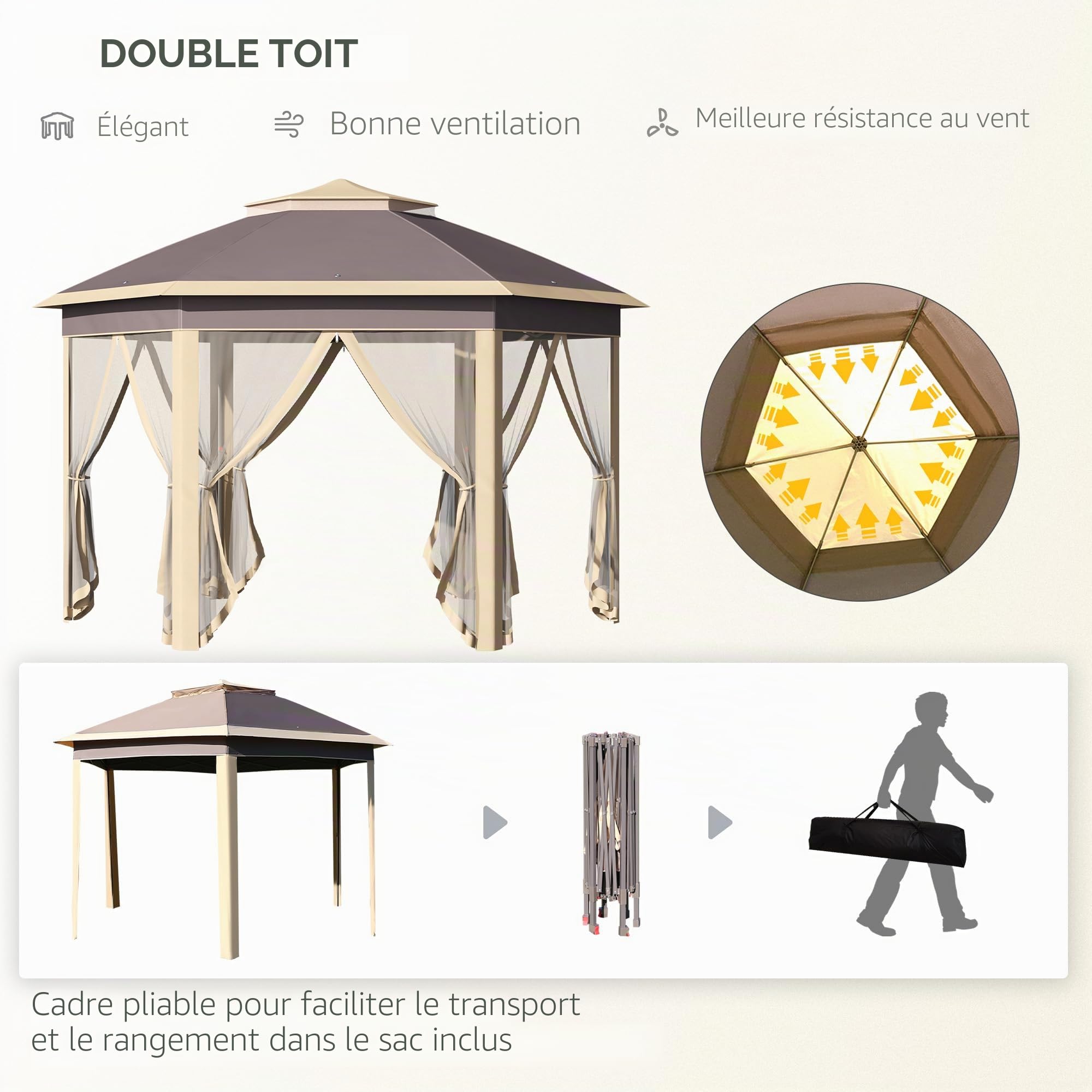Outsunny Tonnelle Pliable 4x3,4x2,85 m Pavillon de Jardin Hexagonal avec Double Toit 6 Moustiquaires Démontables Sac de Transport Hauteur Ajustable sur 3 Niveaux et Anti-UV Gazebo pour Fête Patio