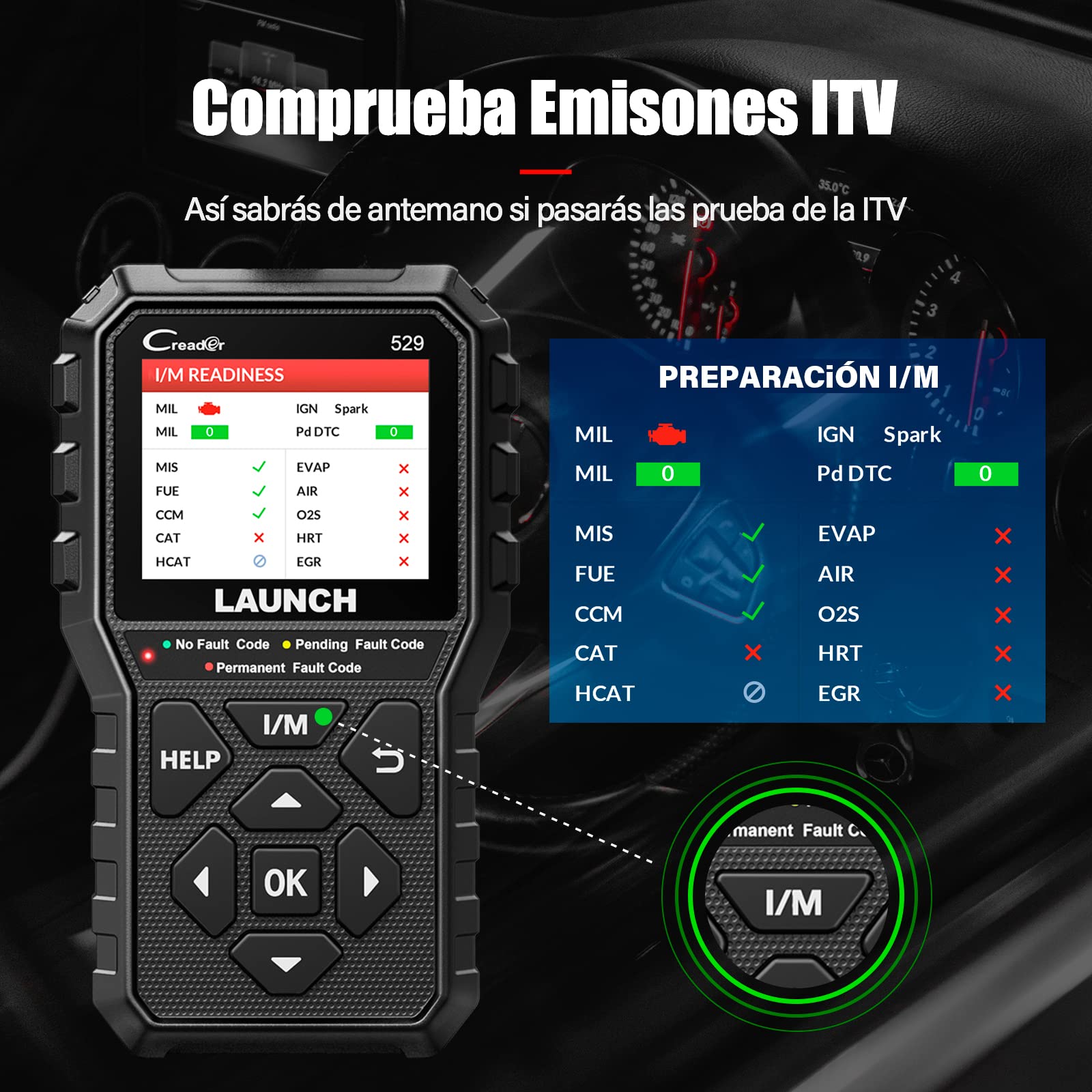 Launch - Escáner OBD2 CR529 Lector de códigos con función OBD2 Completa, con un Solo Clic I/M Readiness, Apagado de la luz del Motor, Herramienta de escaneo Can, Herramienta de diagnóstico de Coche