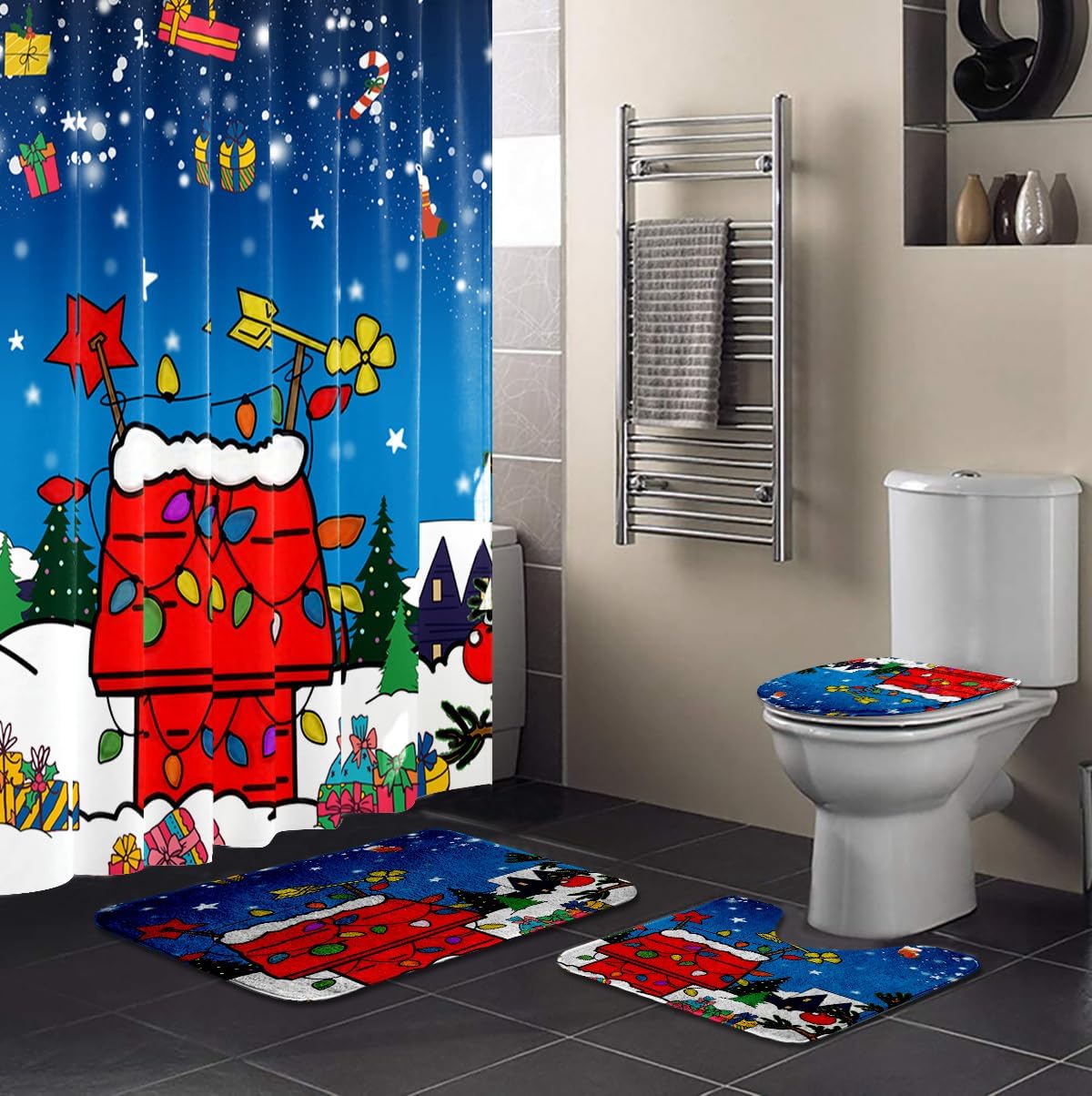 4 Pcs Winter Chirismas Shower Curtain Sets with Rugs Red House Cartoon Bathroom Set Home Bath Bathtub Decor Durable Curtains Mats for Bathroom 72 x 72 Inch