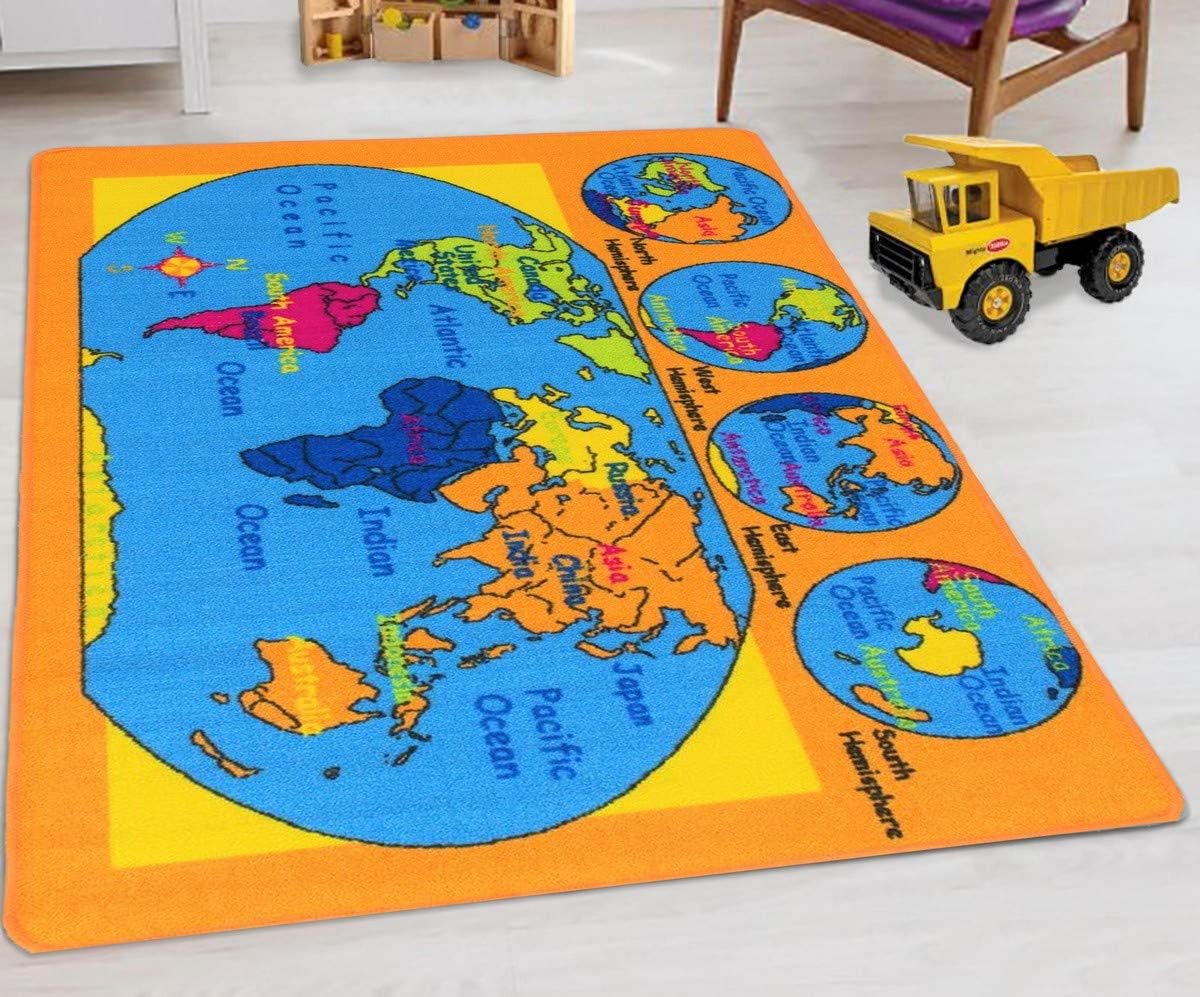HR - World Map Rugs Kids/Boys/Girls/Children Toddler Educational Play mat for School/Daycare/Nursery Non-Slip Area Rug (Orange/Multi)