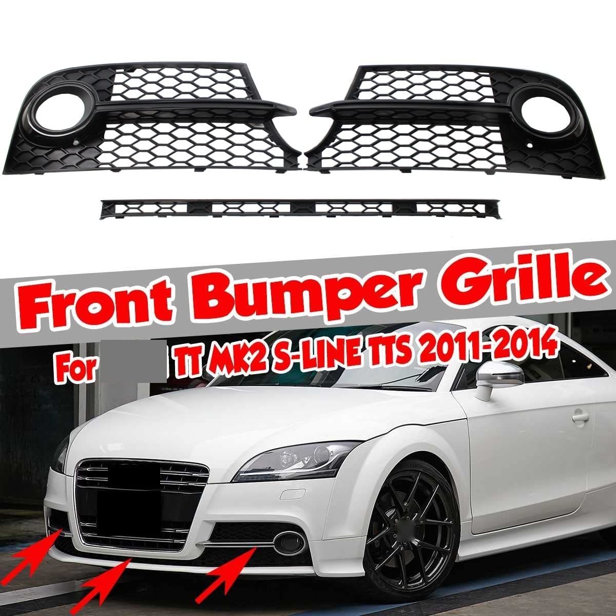 ABS Griglia A Nido d'Ape Hex Auto Anteriore della Luce di Nebbia Griglia Griglia + Centro Inferiore Griglie Fit for Audi TT MK2 S-Line TTS 2011 2012 2013 2014 (Color : Black Set)