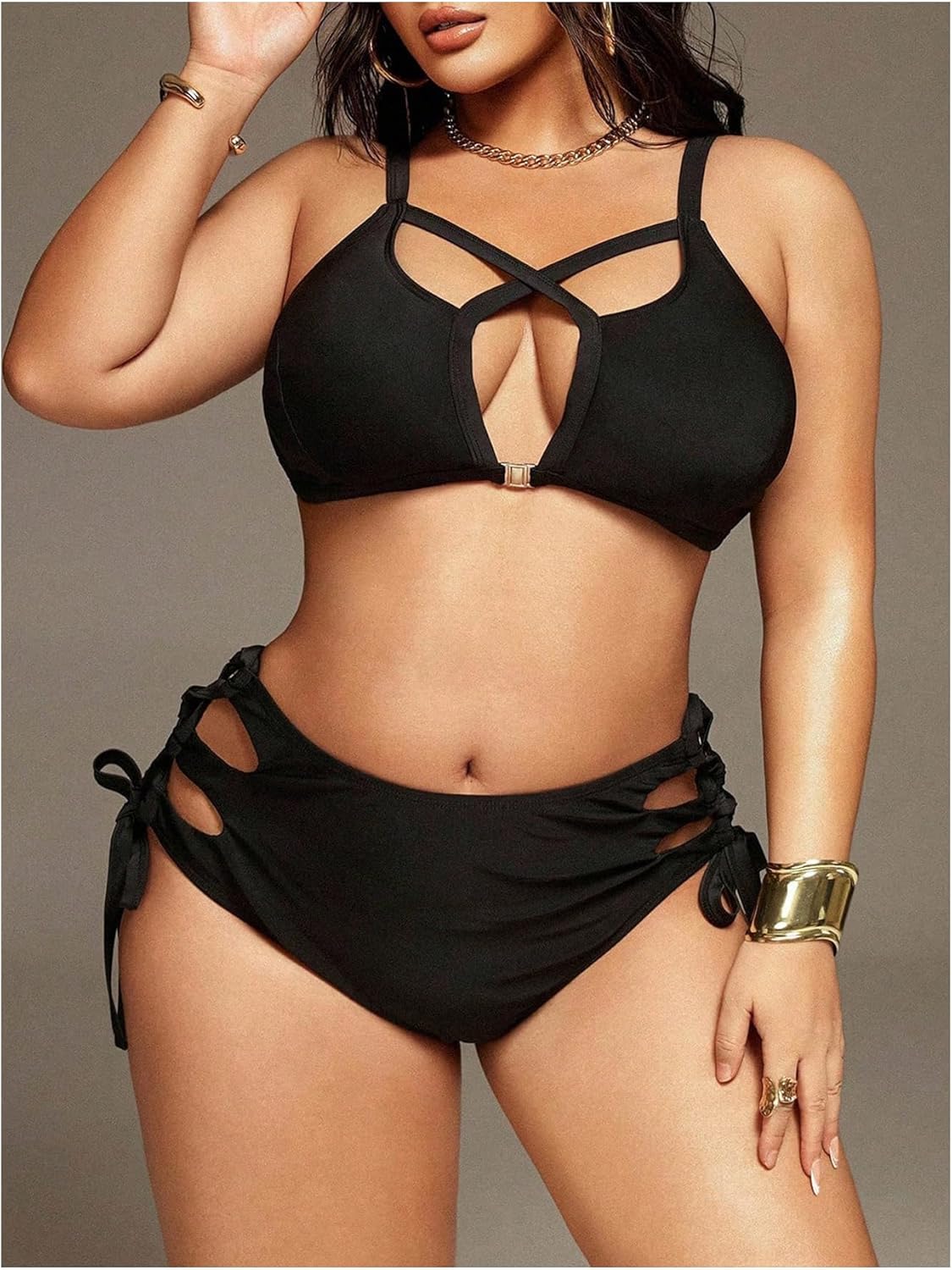 MakeMeChic Women's Plus Size 2 Piece Bikini Set Criss Cross Cut Out Tie Side High Waist Swimsuit