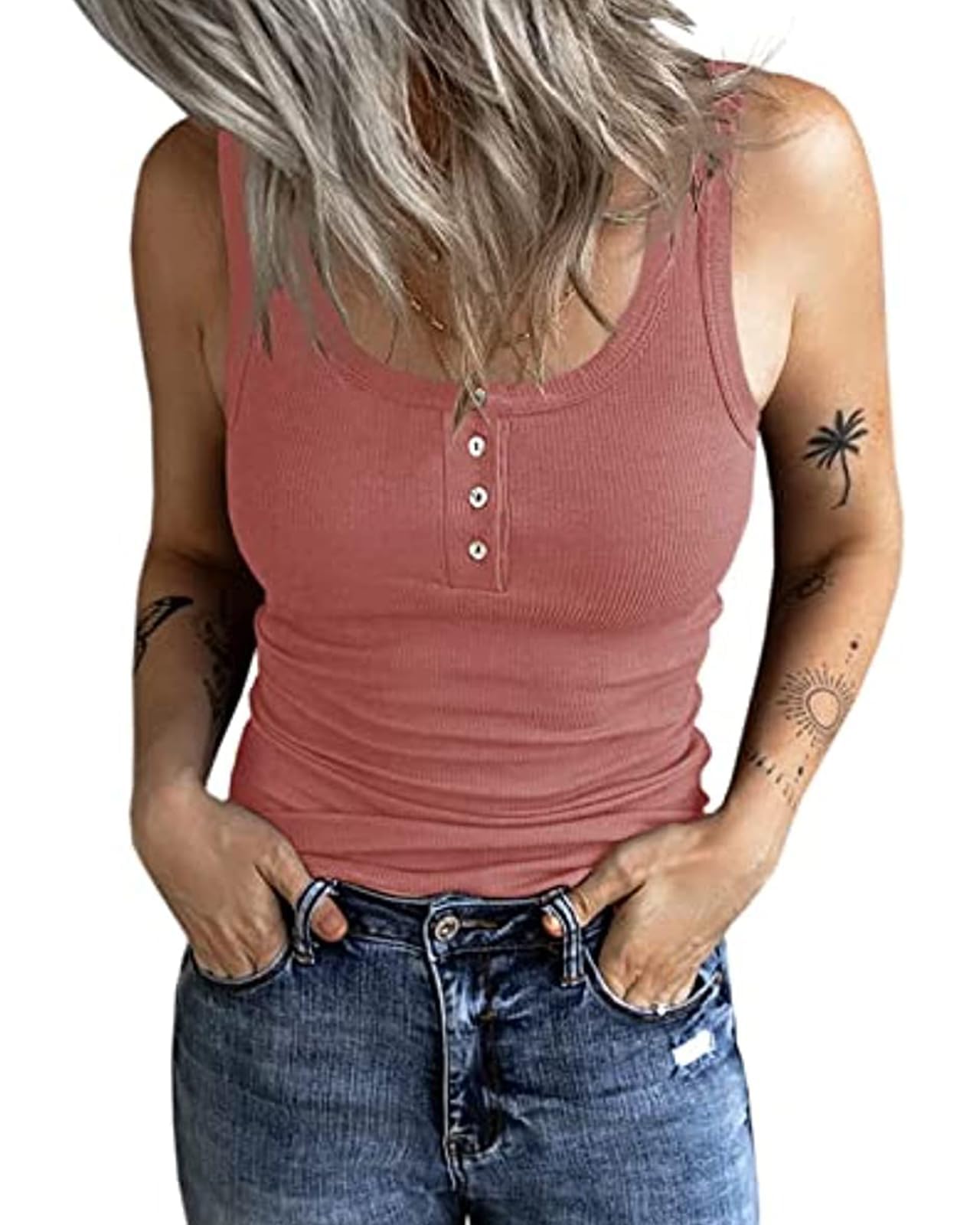 Fessceruna Damen Tops Sexy Tanktop Ärmellos Sommer Oberteil | U-Ausschnitt, Einfarbig, Gerippt Sommertop, Camisole Shirt mit Knöpfen, Elegant Träger-Tops