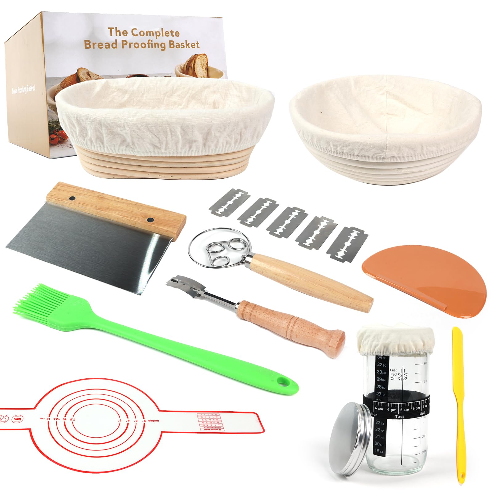 Kit de iniciación de masa madre. Cesta redonda y ovalada de prueba de masa madre, 100 % ratán natural, tarro de masa madre de 600 ml, lamo de pan, batidor de masa, raspadores y cepillo