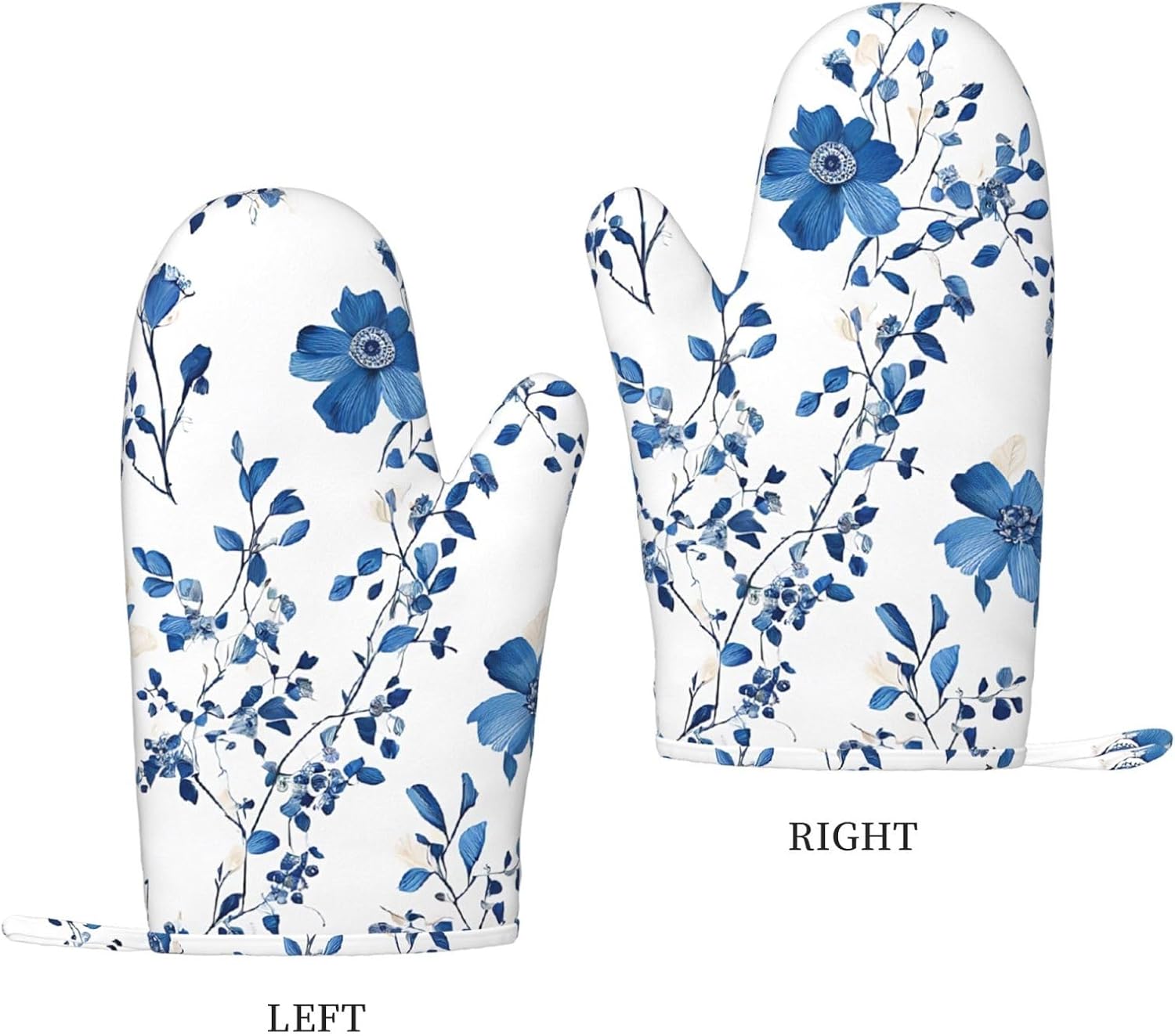 Blue Flower Floral Pattern Roses 4pcs Oven Mitts and Pot Holders Sets for Kitchen, Silicone Oven Gloves Non-Slip Potholders Hot Pads for Baking Cooking