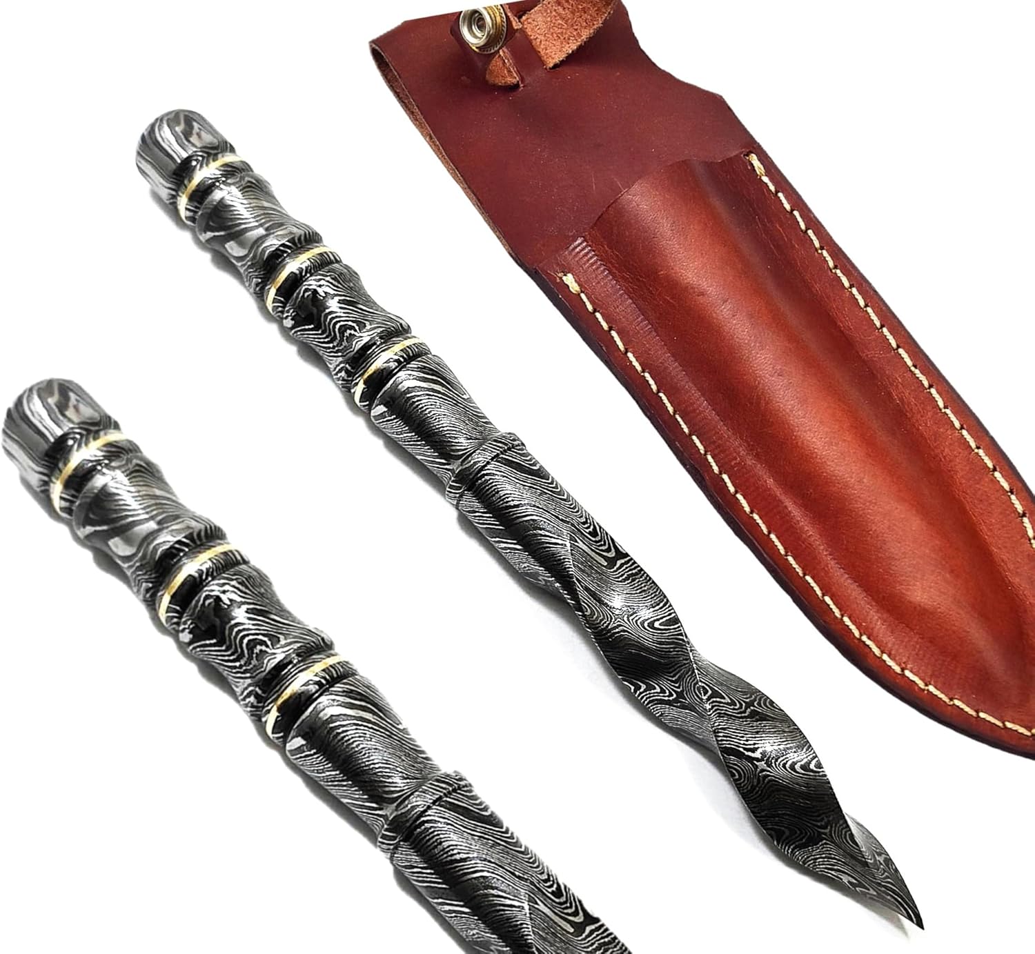 Hand Forged Damascus Kriss Dagger Knife – 10 Inch Tri-Edge Fixed Blade, Full Tang Handle with Leather Sheath, Handmade Collector & Gift Knife