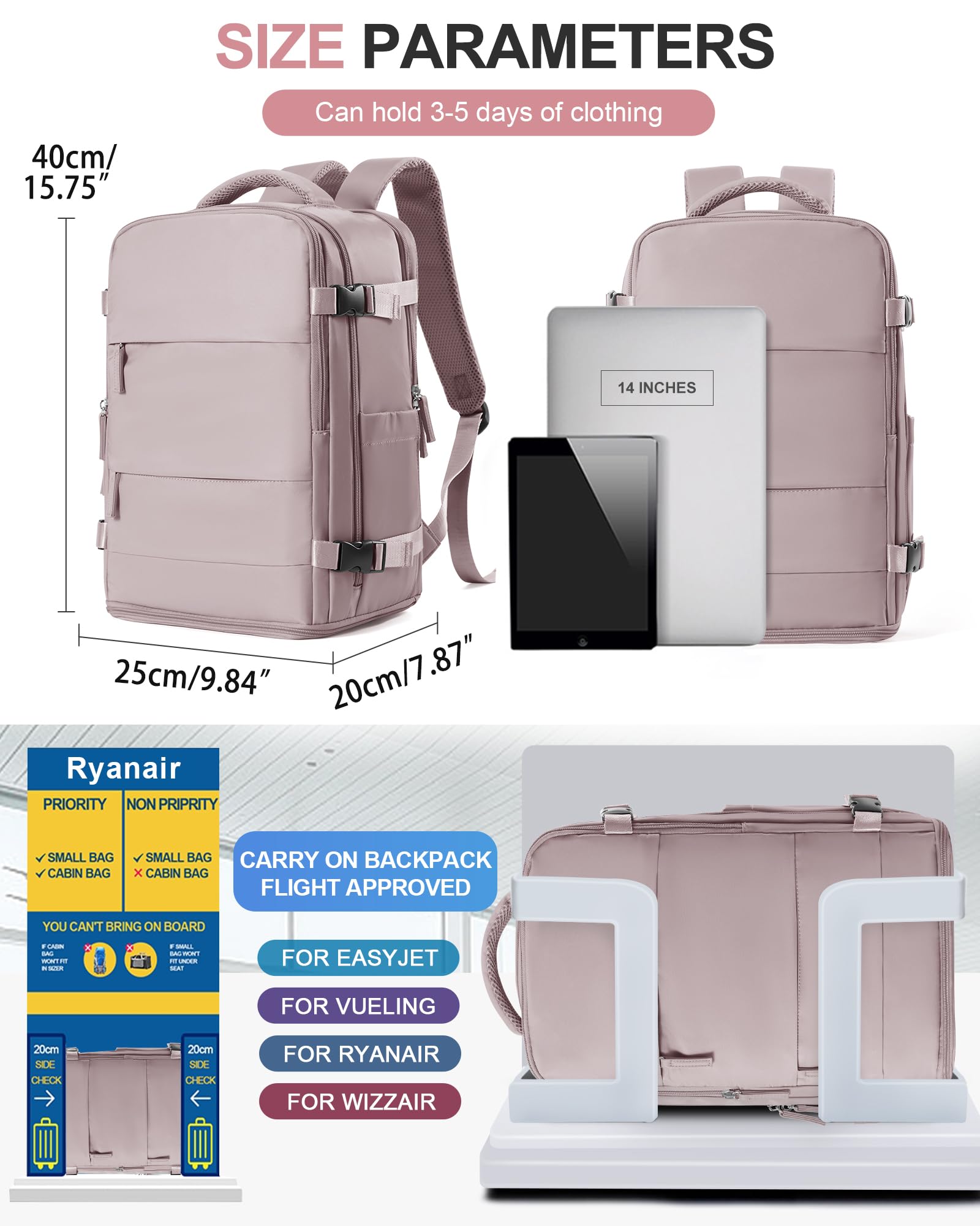 BJLFS Borse da Cabina per Ryanair 40x20x25 Zaino sottovuoto da viaggio Bagaglio a Mano con compressione sottovuoto,Zaino Easyjet 45x36x20,Zaini Casual per laptop da 14 pollici per scuola