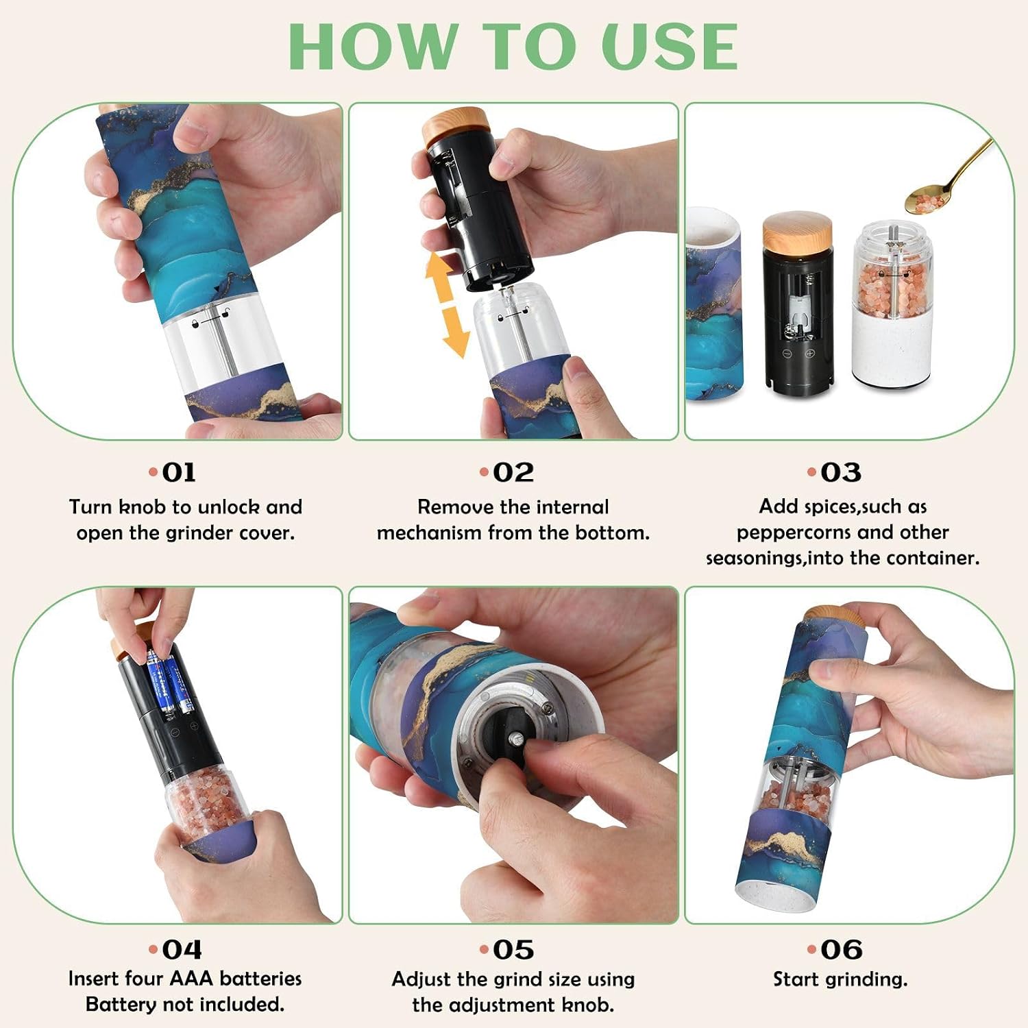 ALAZA Electric Pepper Grinder with Adjustable Coarseness, Indigo Blue Pink Gold Marble Pattern Battery Automatic Salt and Pepper Mill with Led, One-Handed Operation Spice Grinder for Kitchen, Camping