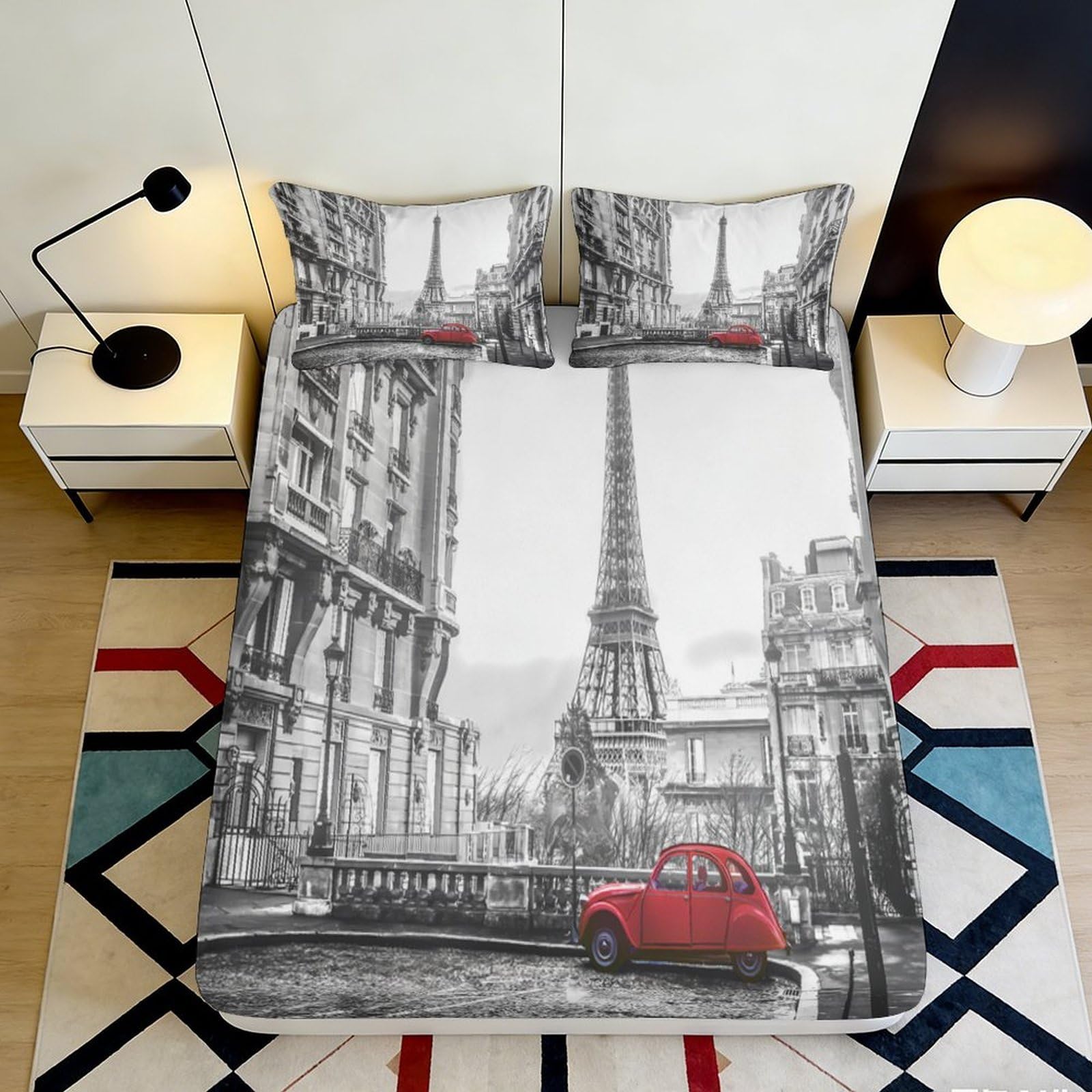 3D Printed Paris Cityscape Fitted Sheet Microfiber Deep Pocket Non-Slip Paris Mattress Fitted Cover for Bedroom Bedding 200x200x25cm