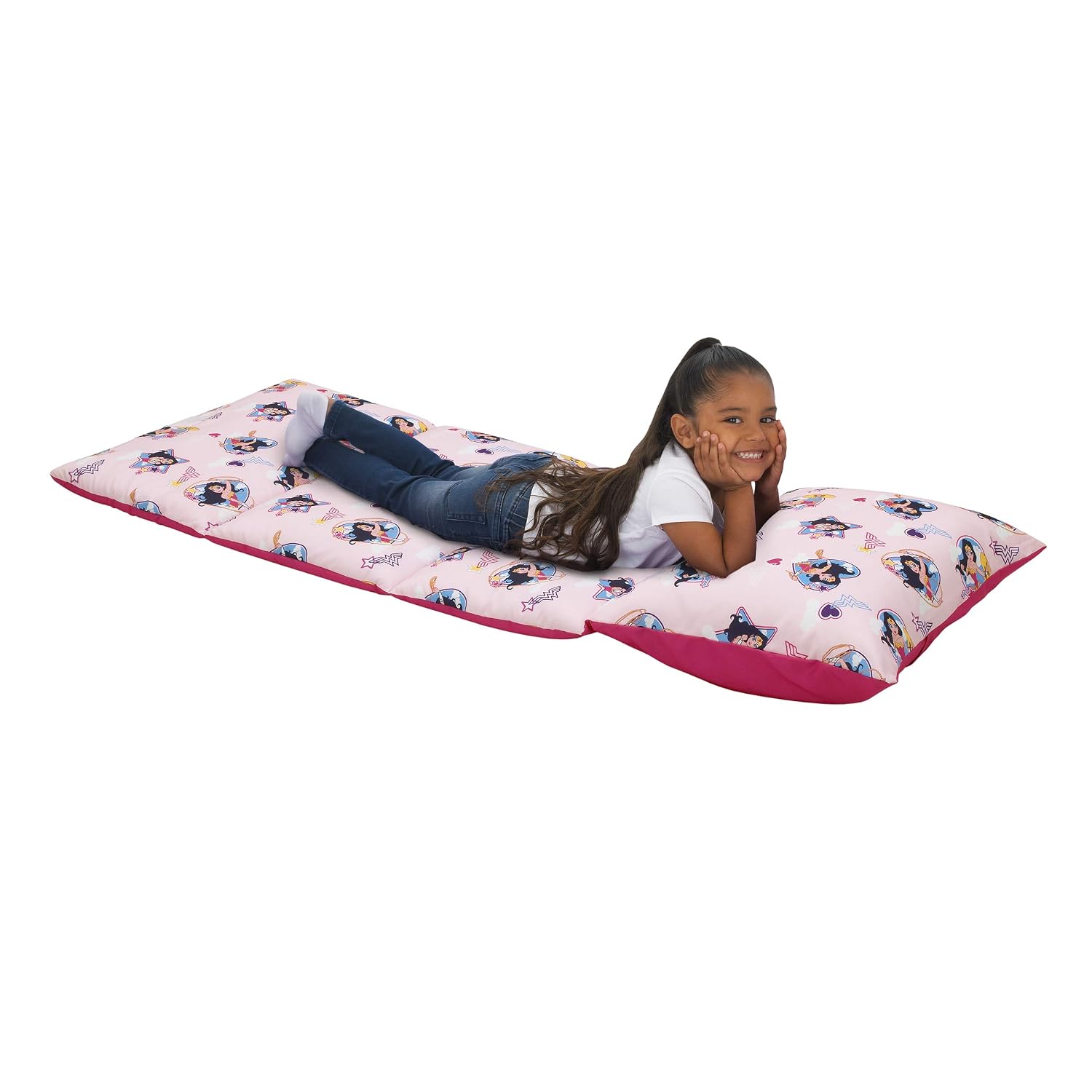 Everything Kids Wonder Woman Pink, Blue & White Deluxe Easy Fold Toddler Nap Mat, Pink, Blue, White