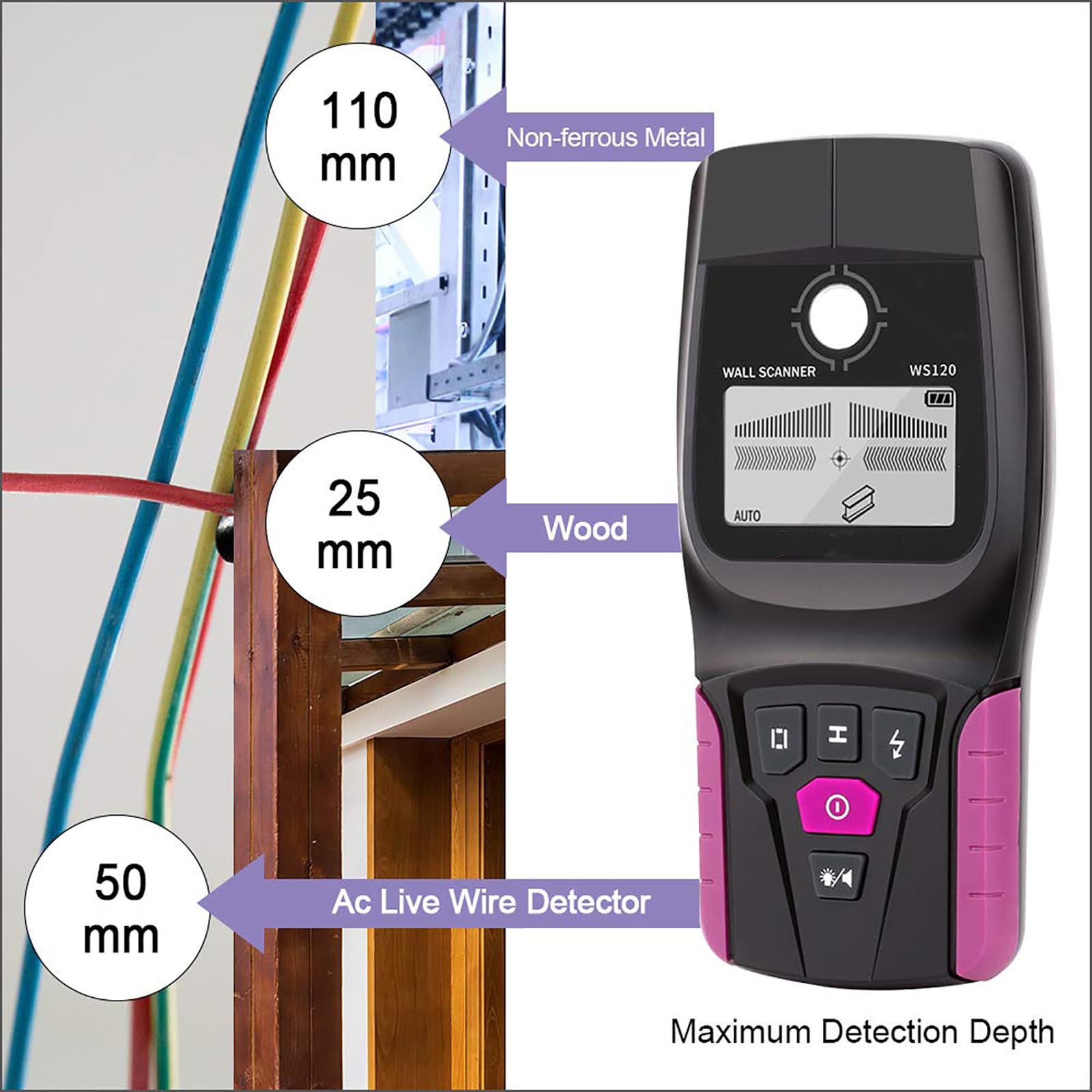 Zayuzo Wall Scanner: Detector De Paredes Profesional Multifunción Portátil Con Pantalla LCD, Profundidad De Detección De Metales Magnéticos De 110 Mm, Para La Detección De Montantes, Metales, Cables D