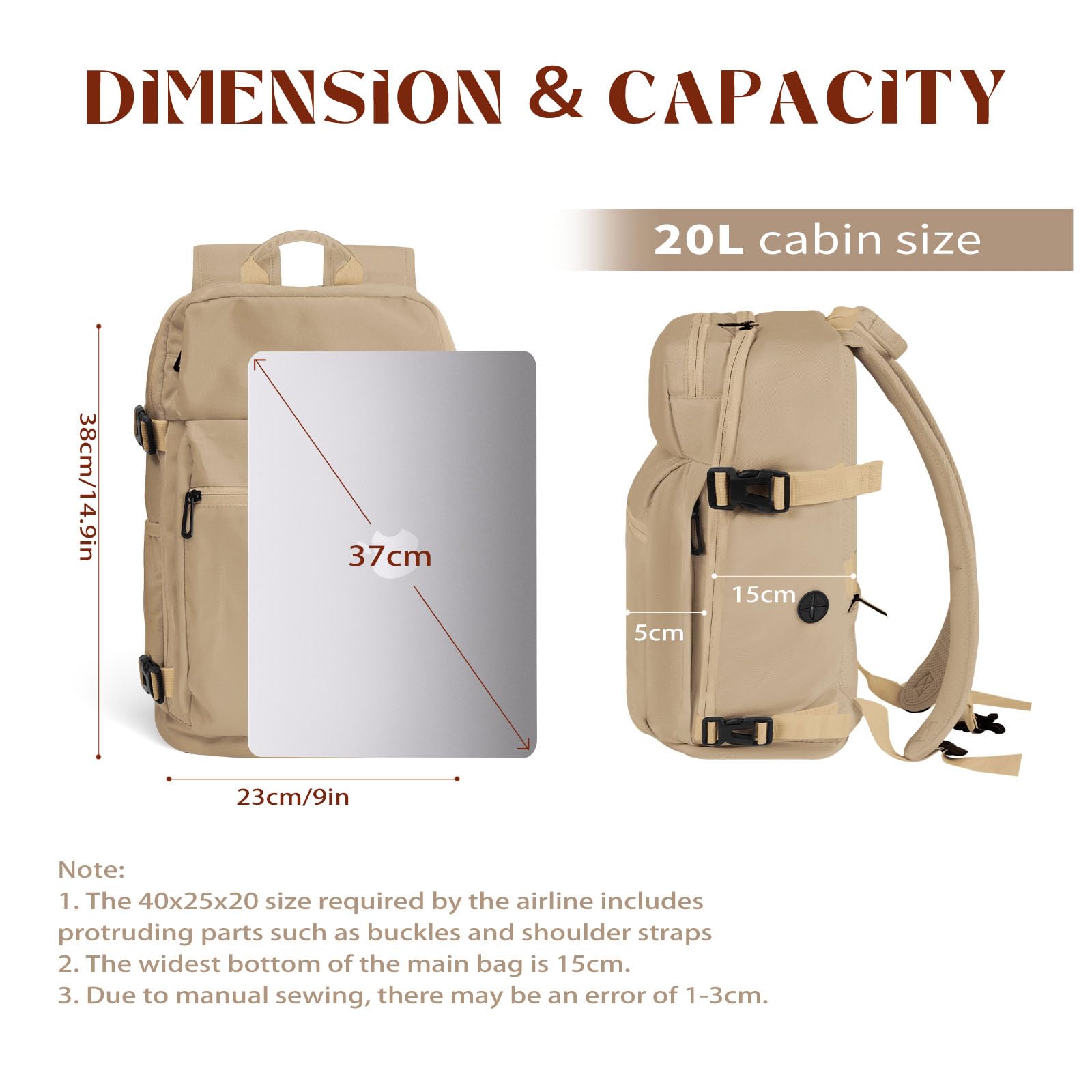 per Ryanair Zaino da Viaggio 40x20x25, Zaino Aereo Cabina Bagaglio a Mano Sotto il Sedile Zaino Borse da Viaggi Donna Uomo Zaino Porta PC per Wizzair | Volotea | Vueling (Marrone)