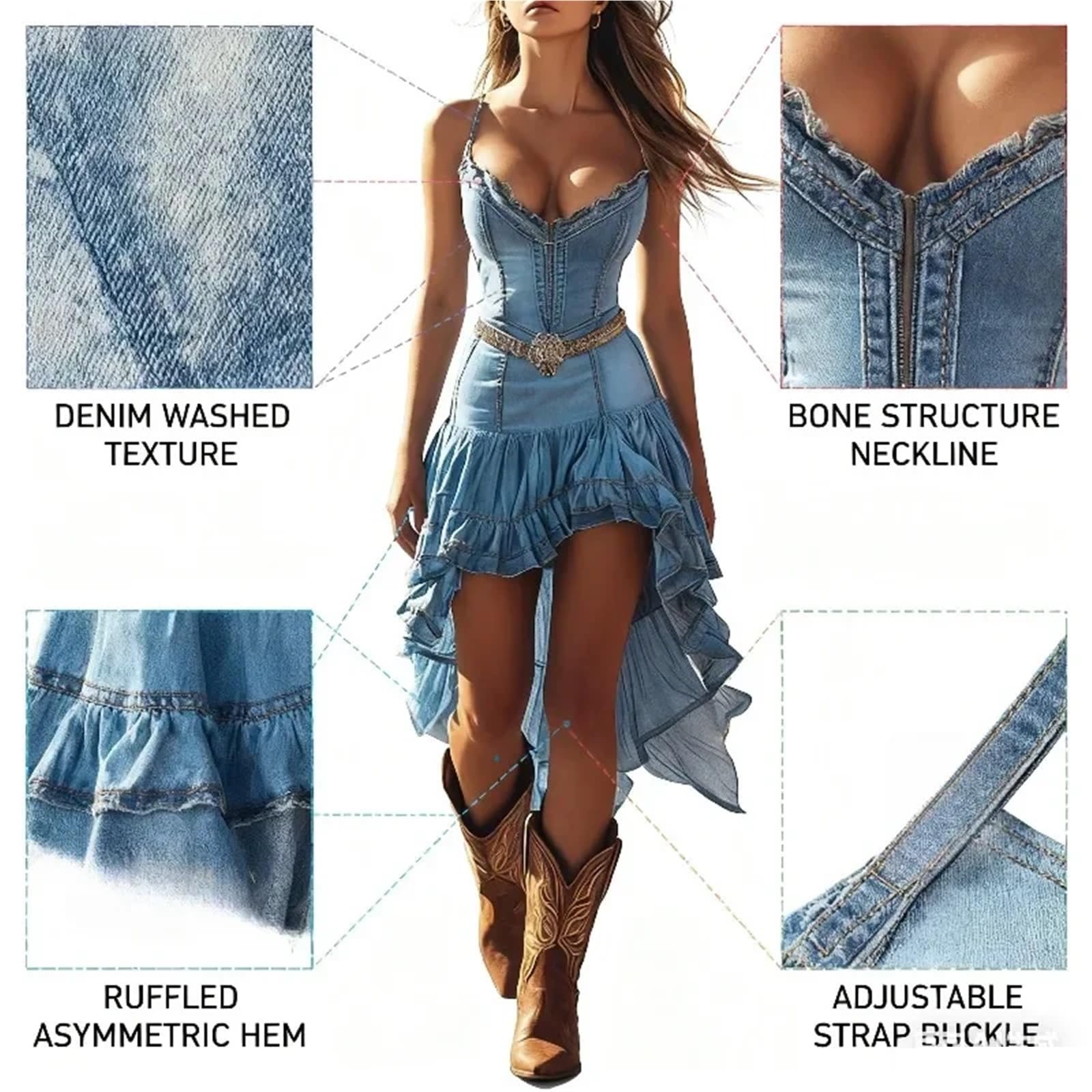 Abito Alto e Basso con Corsetto in Denim da Donna Gonna arricciata, Cinturino for Spaghetti, Festa in Stile Occidentale for Eventi all'aperto per Donna