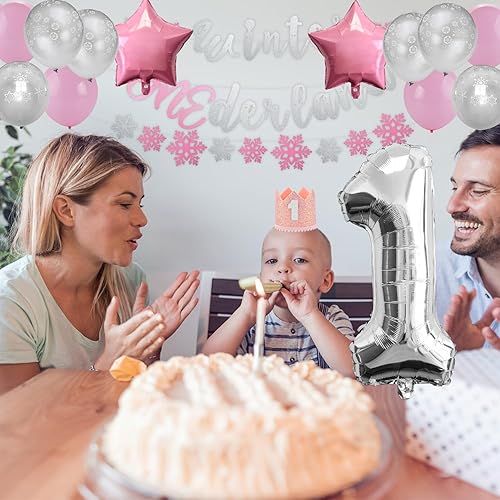 Miniatura 7 de Invierno Onederland - Decoración de 1er cumpleaños para niña, pancarta rosa de invierno Onederland, corona para tarta, globos de copo de nieve,