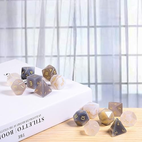 Miniatura 5 de rockcloud Juego de 7 dados poliédricos DND de cristal de ágata gris, dados hechos a mano con caja de dados para juegos de mesa RPG MTG, decoración