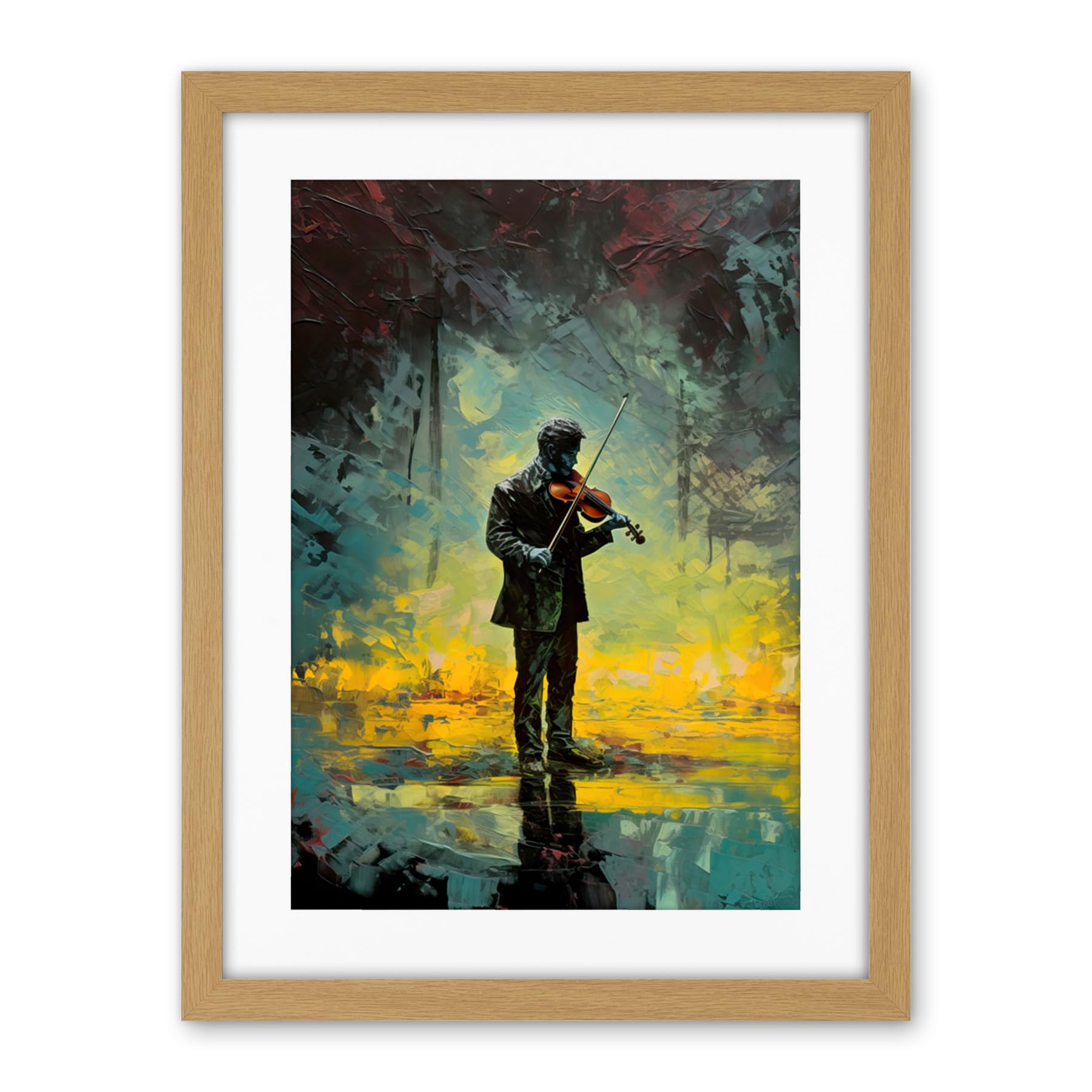 Artery8 Street Musician Playing Violin After the Rain Artwork Framed Wall Art Print 18X24 Inch