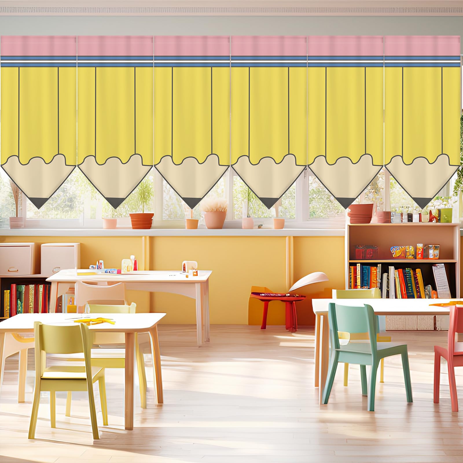 SmoothNovelty 6 Pcs School Classroom Curtains Back to Classroom Colorful Curtains for Kindergarten Daycare Primary Bedroom Playroom Room Decor(Pencil)